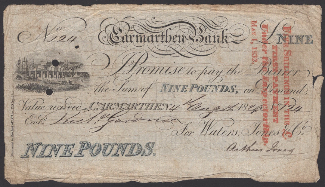 Carmarthen Bank, for Waters, Jones & Co, £9, 4 August 1829, serial