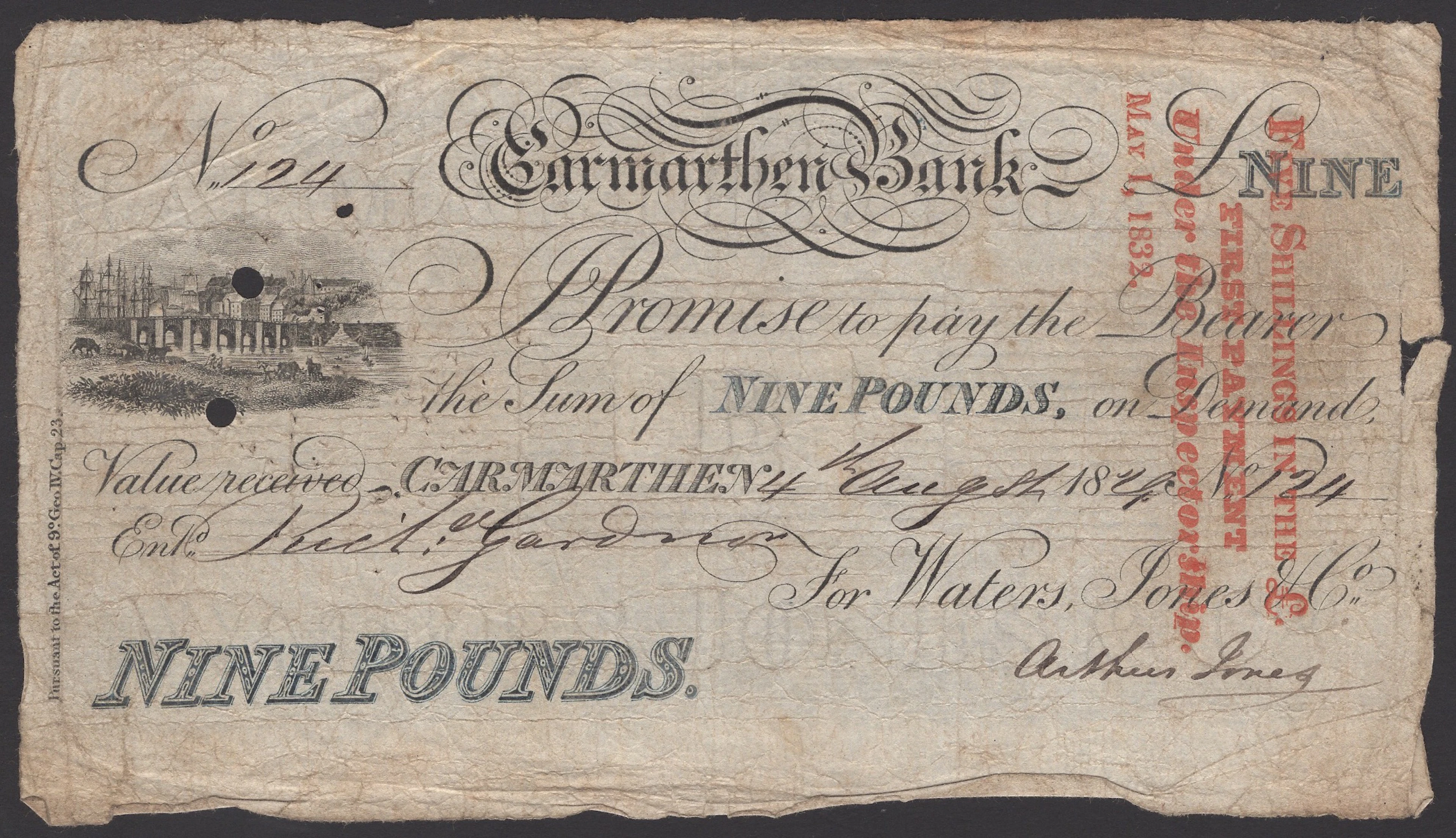 Carmarthen Bank, for Waters, Jones & Co, £9, 4 August 1829, serial