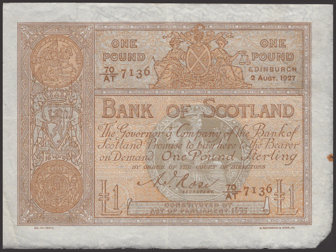 Bank of Scotland, £1, 2 August 1927, serial number 70/AT 7136, Jolly