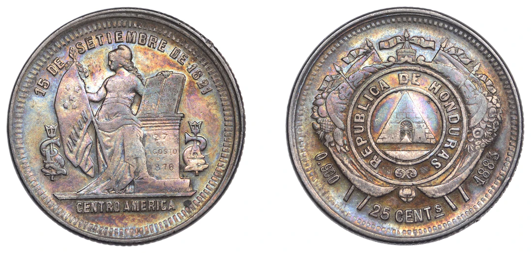 Honduras, Republic, 25 Centavos, 1883, Tegucigalpa (KM 50). Deep multicoloured