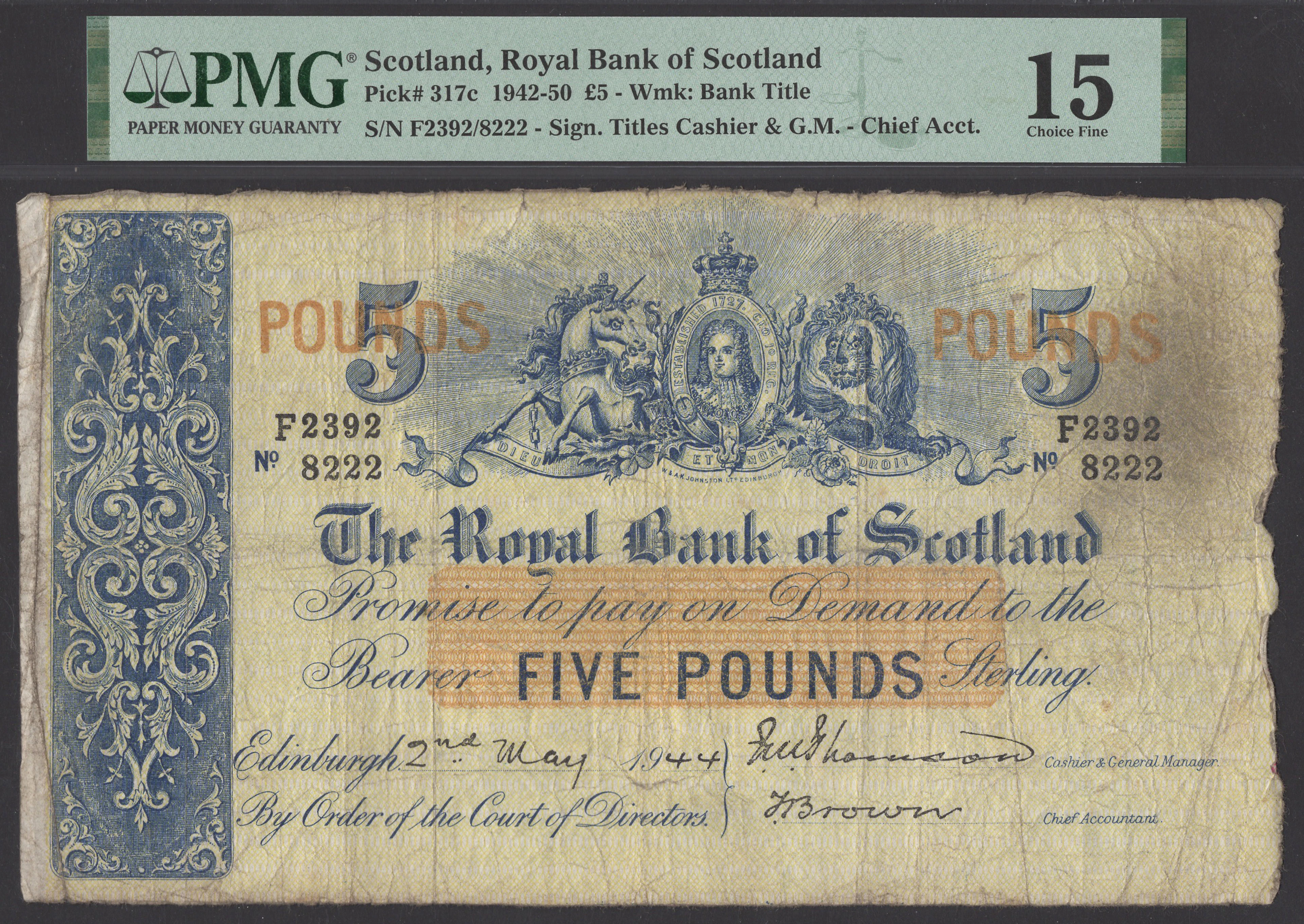 Royal Bank of Scotland, £5, 2 May 1944, serial number F 2392/8222