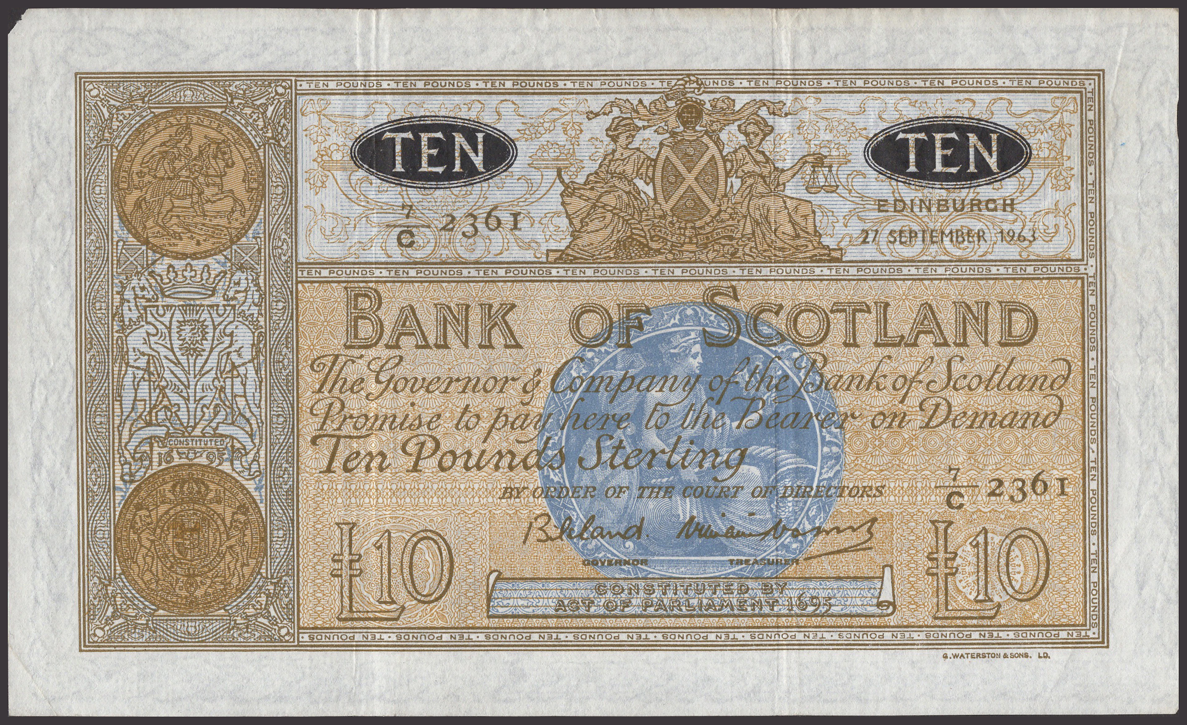 Bank of Scotland, £10, 27 September 1963, serial number 7/C 2361