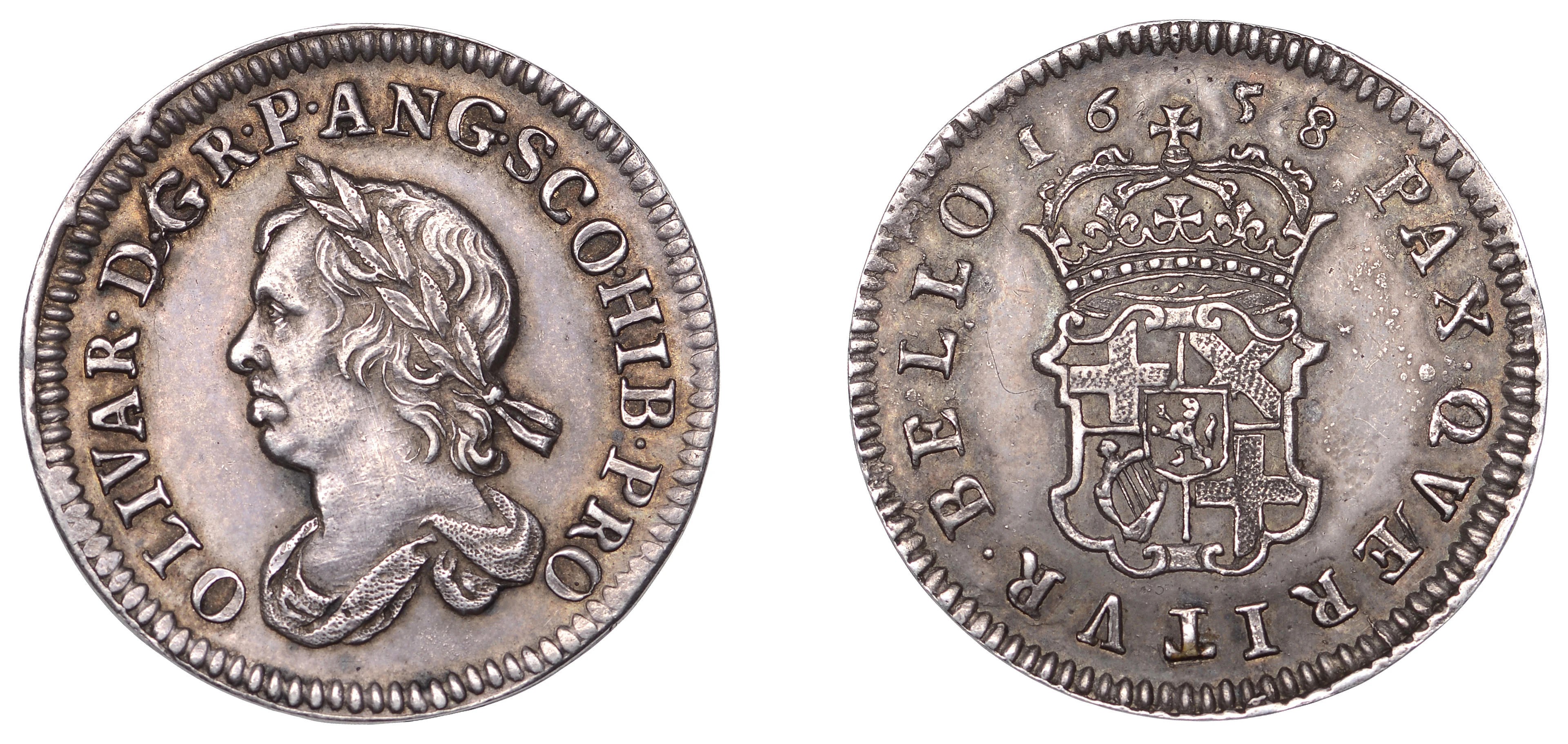 Oliver Cromwell, Sixpence, 1658, by J.S. Tanner after T. Simon [struck