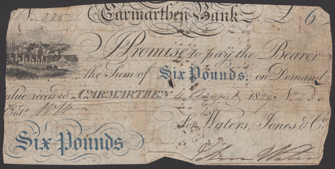 Carmarthen Bank, for Waters, Jones & Co, £6, 4 August 1829, serial