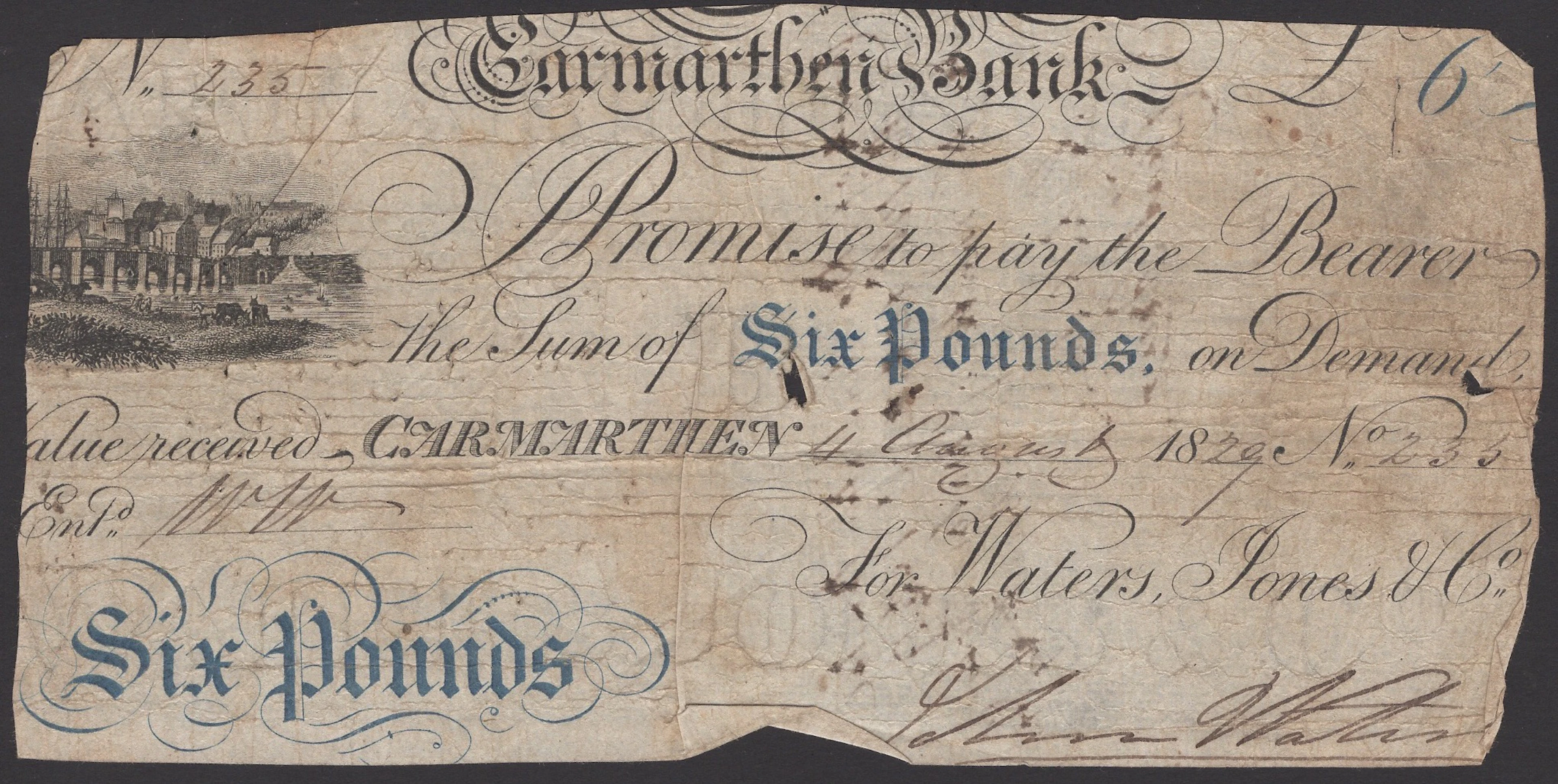 Carmarthen Bank, for Waters, Jones & Co, £6, 4 August 1829, serial