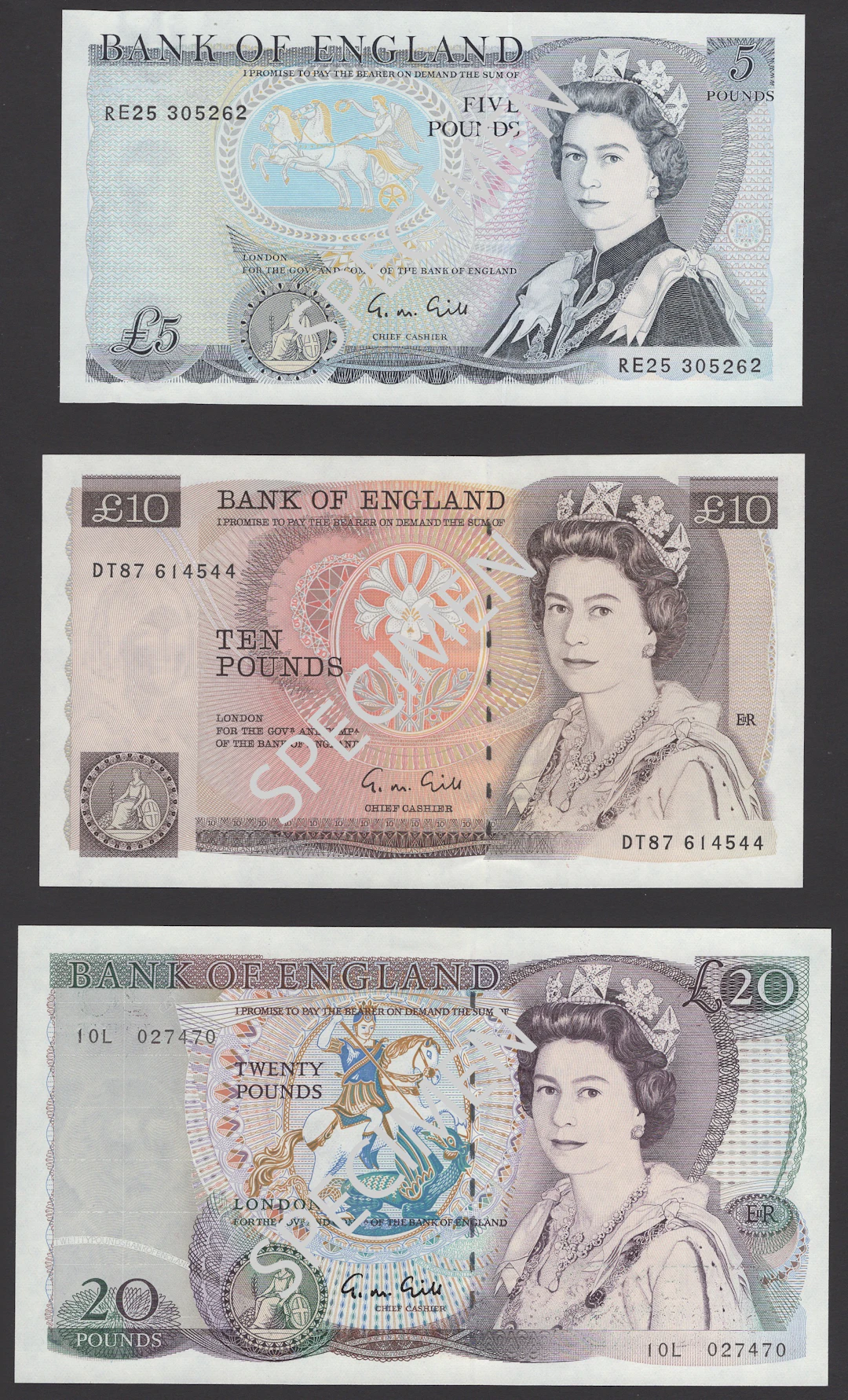 Bank of England, George M. Gill, a small group comprising £5, £10