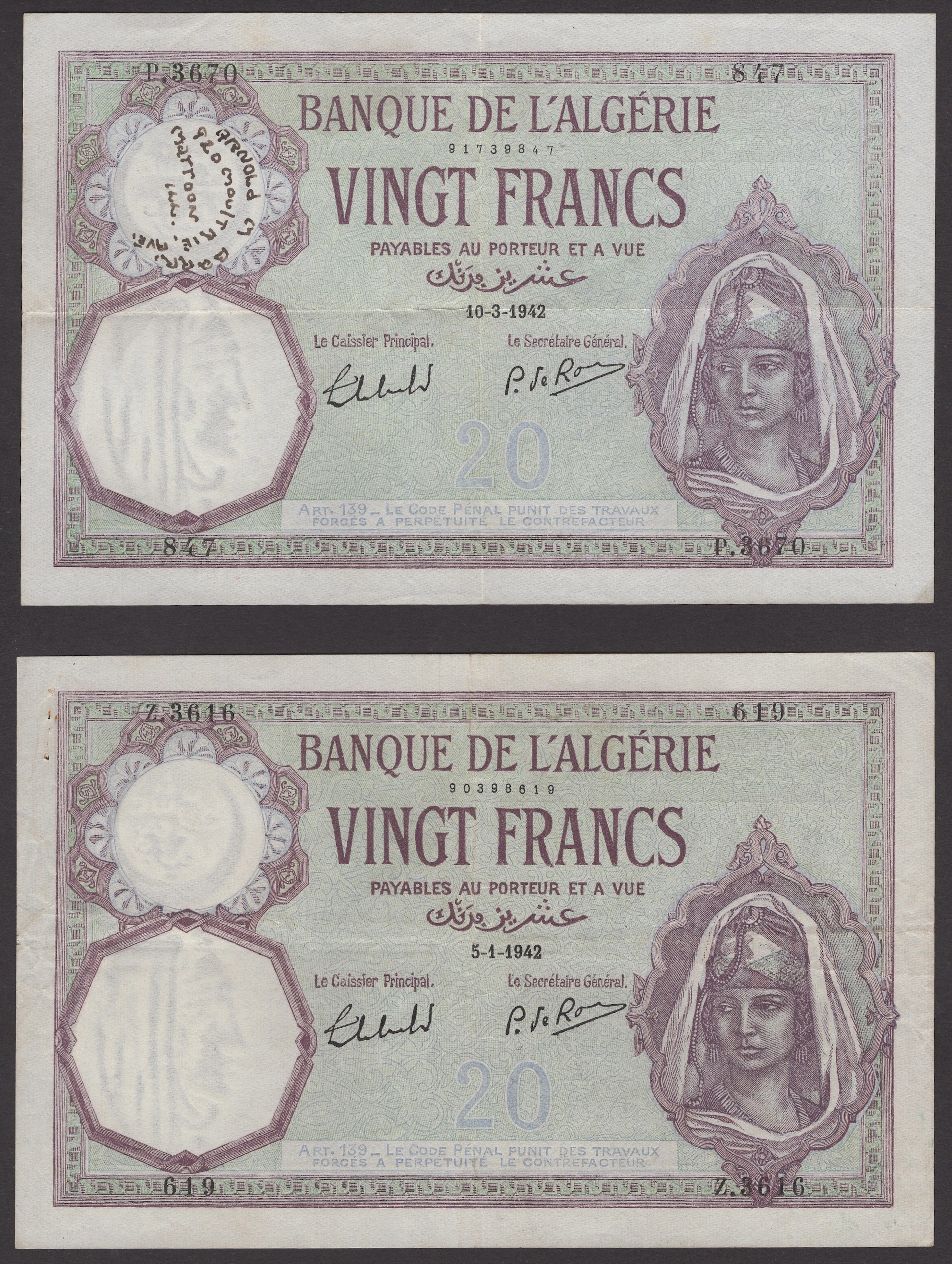 Banque de l’Algerie, 20 Francs (5), 5 January 1942, 28 January 1942