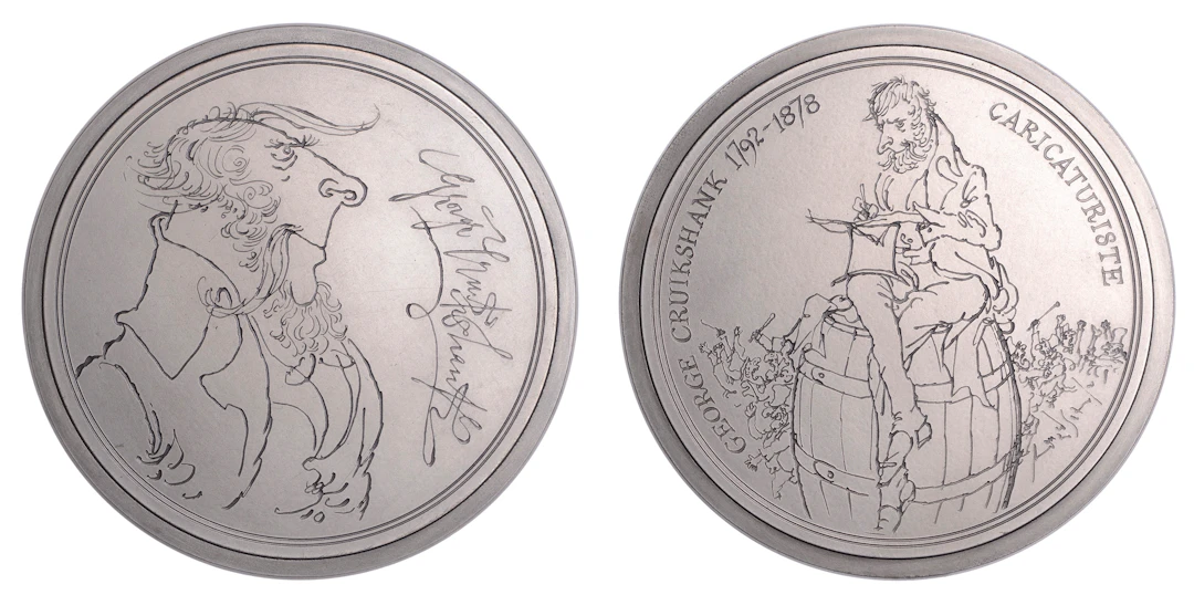 ENGLAND/FRANCE, George Cruikshank, 1977, a plated bronze medal by
