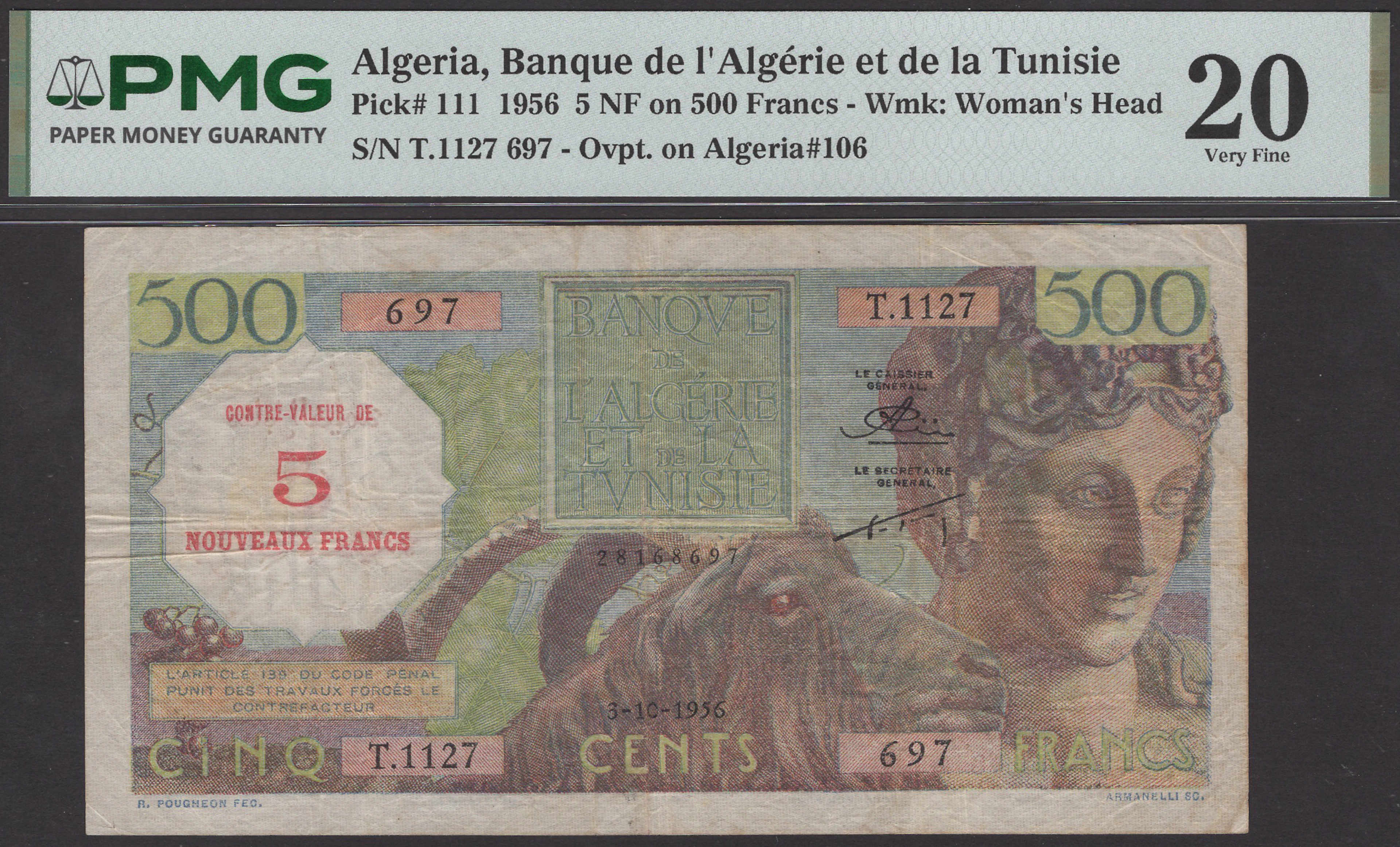 Banque de l’Algerie et de la Tunisie, 5 Nouveaux Francs on 500 Francs