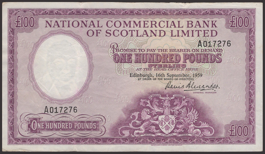 National Commercial Bank of Scotland, £100, 16 September 1959, serial