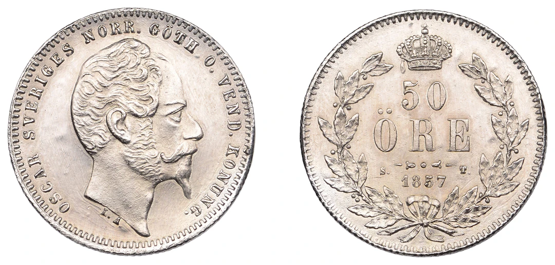 Sweden, Oscar I, 50 Öre, 1857, Kungsholmen (KM 691). Tooled, otherwise