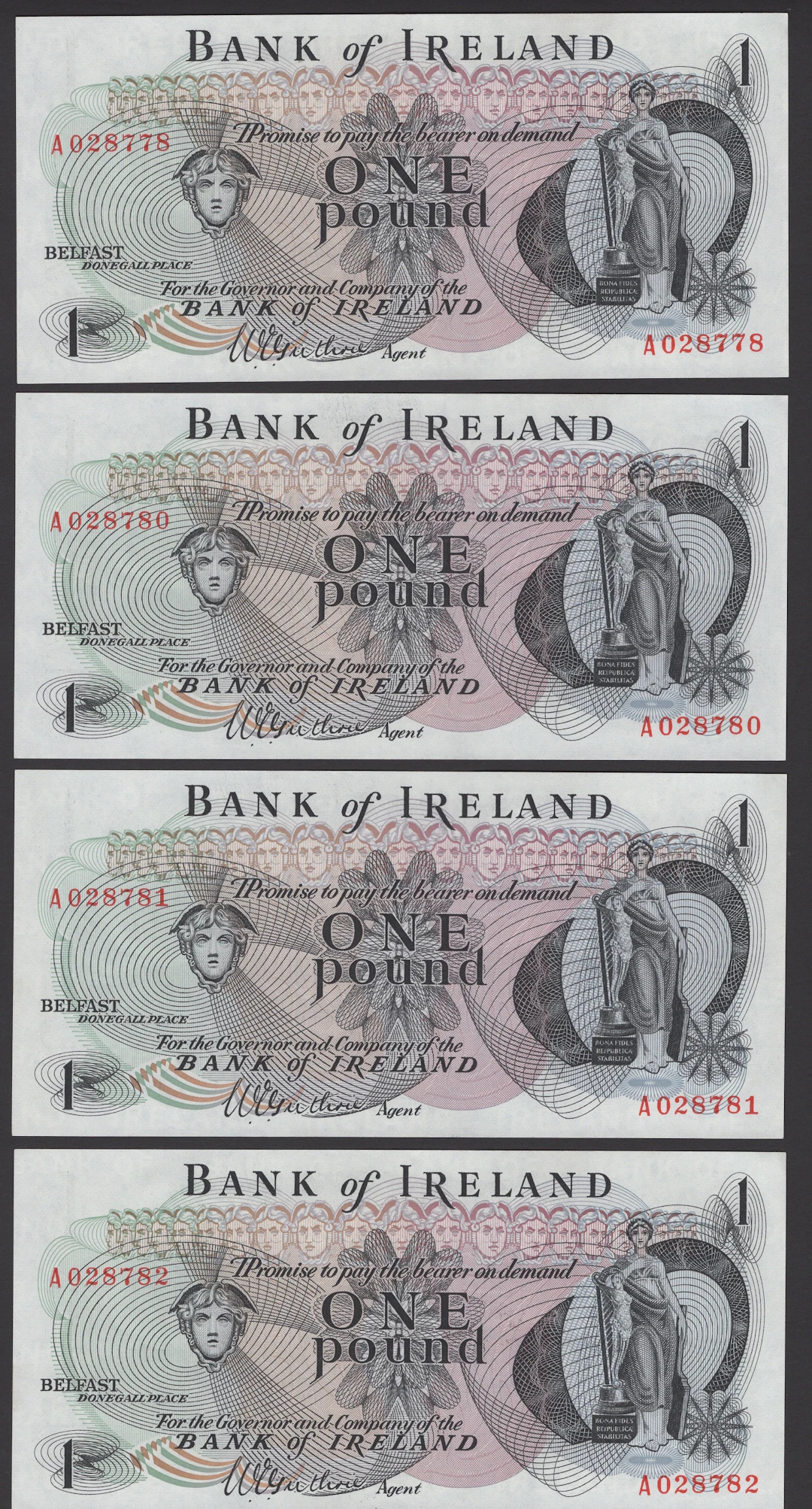 Bank of Ireland, £1 (4), 1967, serial numbers A028778, and 80-82