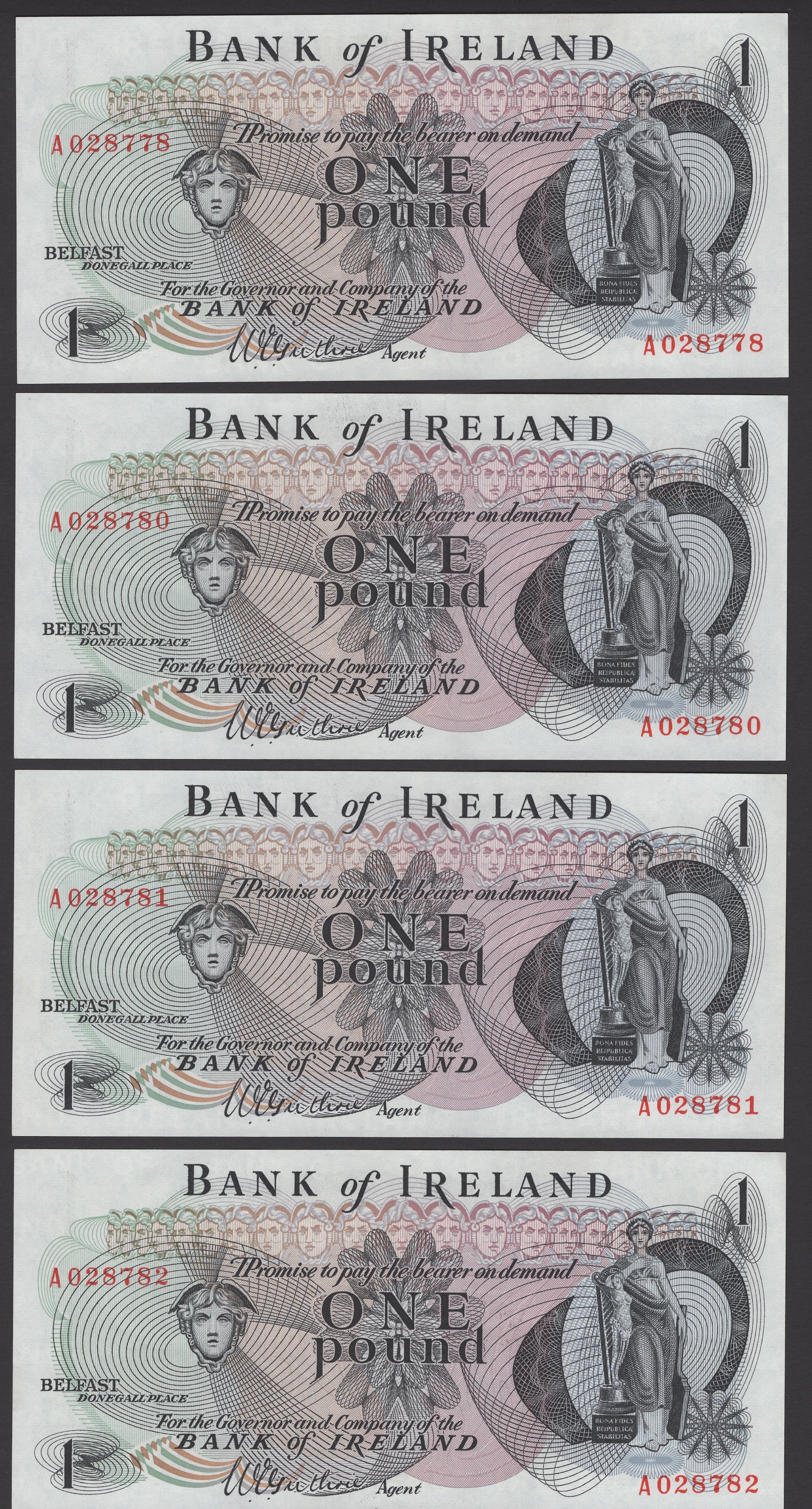 Bank of Ireland, £1 (4), 1967, serial numbers A028778, and 80-82