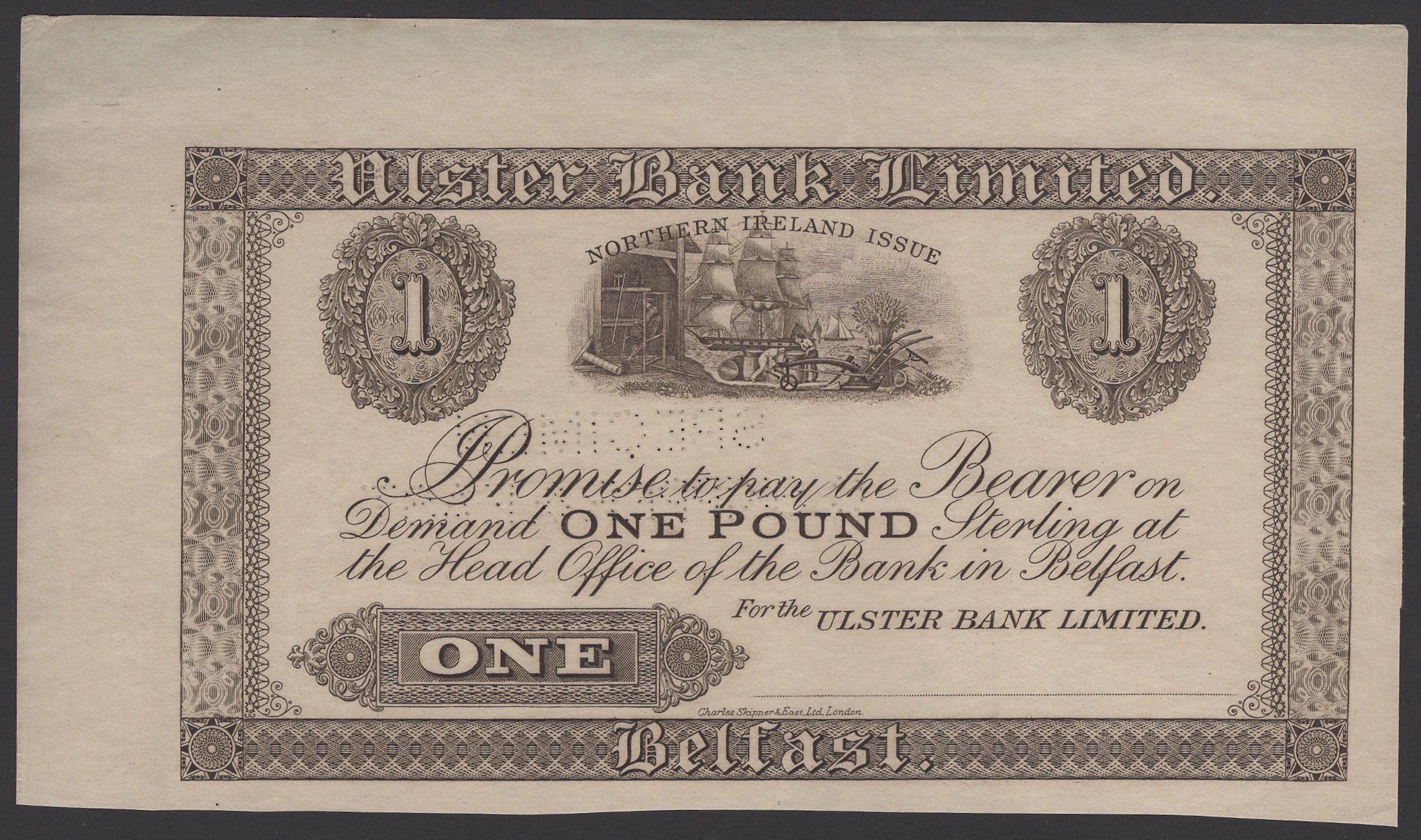Ulster Bank Limited, proof for £1, ND (1932-34), without serial number
