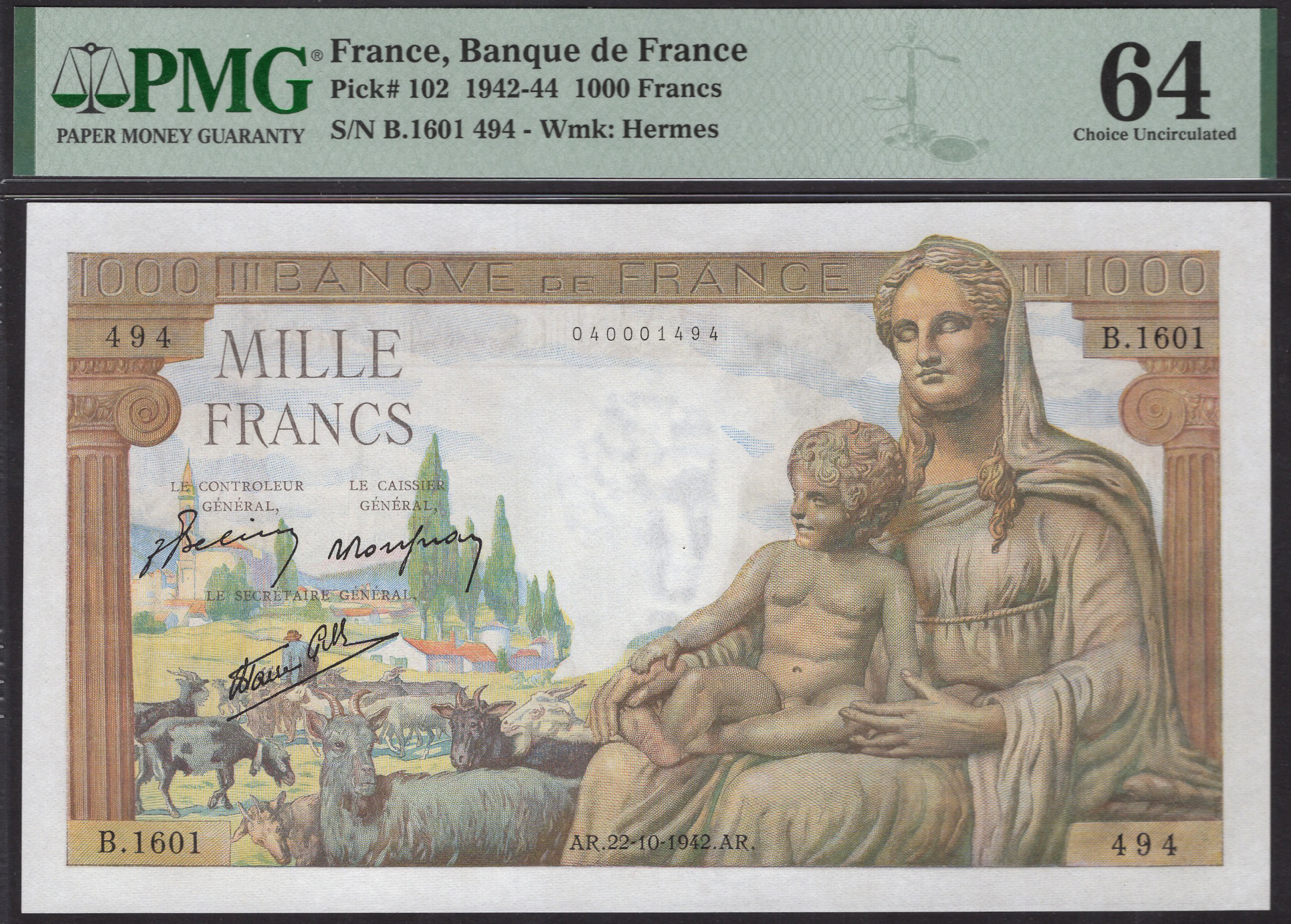 Banque de France, 1000 Francs, 22 October 1942, serial number B.1601