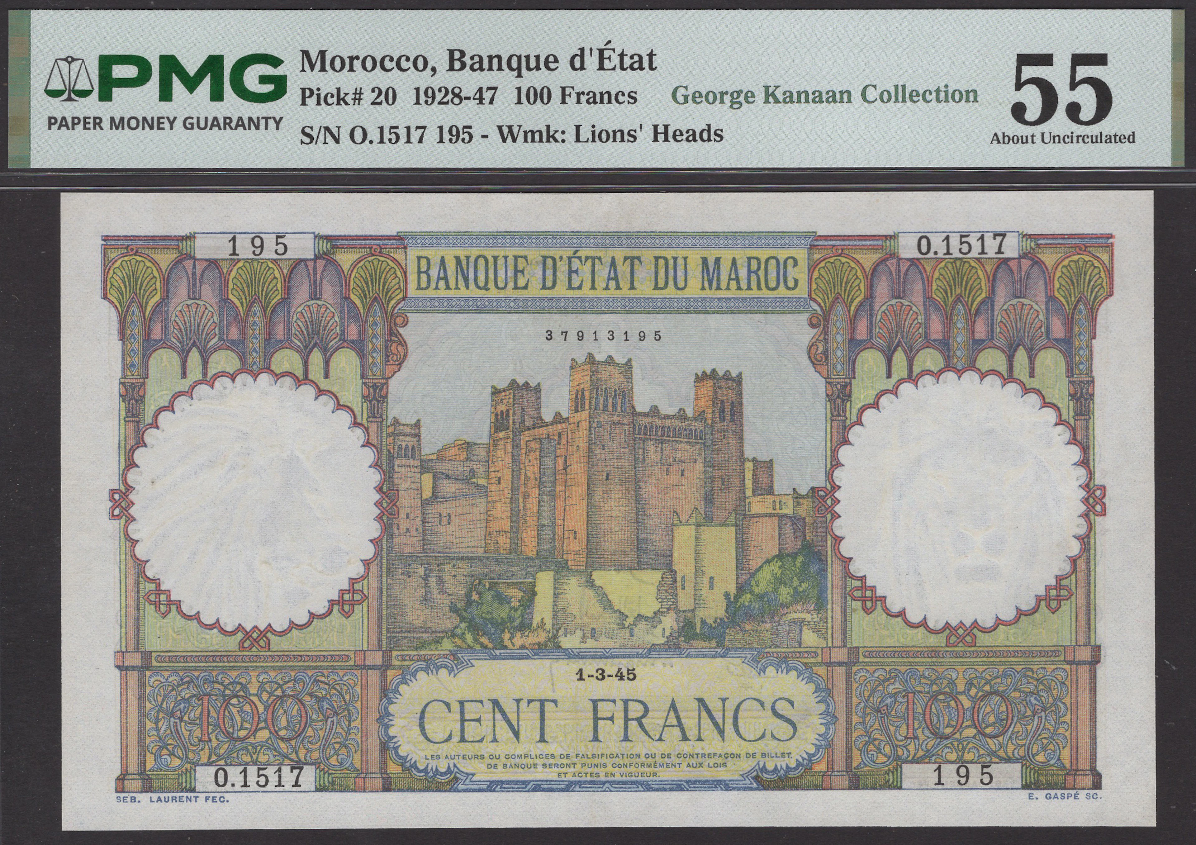 Banque d’Etat du Maroc, 100 Francs, 1 March 1945, serial number O.1517