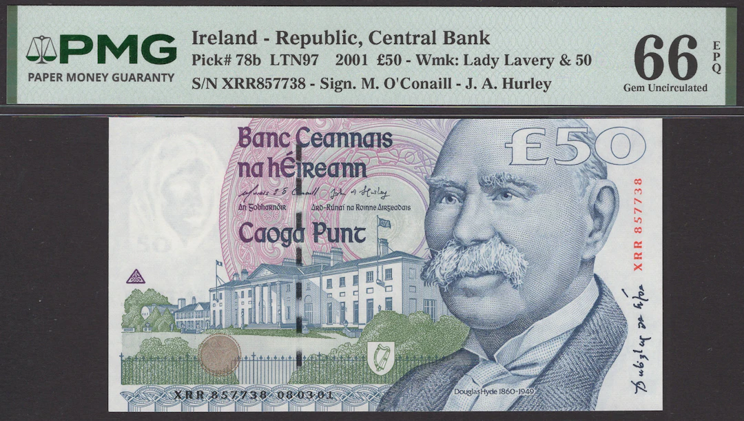 Central Bank of Ireland, £50, 8 March 2001, serial number XRR857738