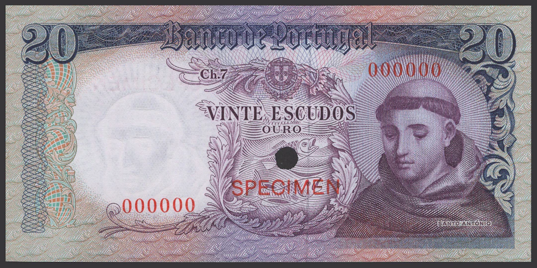 Banco de Portugal, colour trial 20 Escudos, ND (1964), serial number