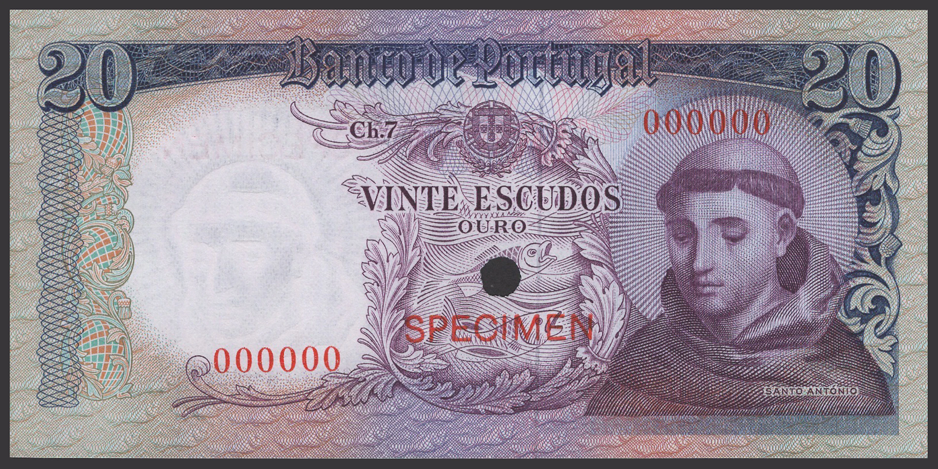 Banco de Portugal, colour trial 20 Escudos, ND (1964), serial number