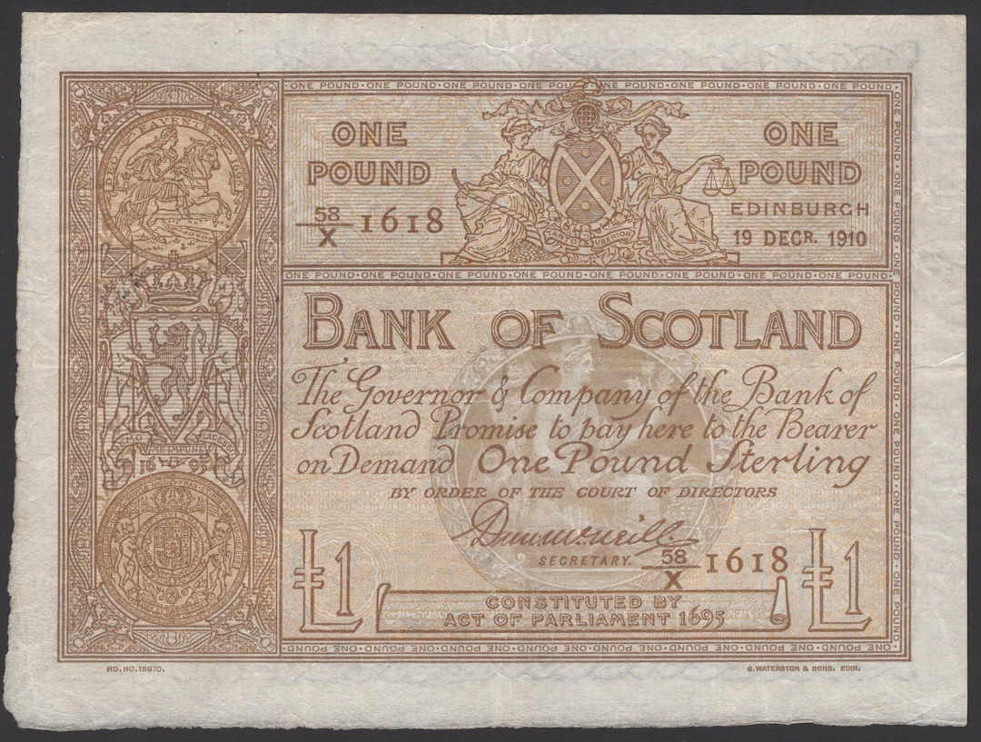 Bank of Scotland, £1, 19 December 1910, serial number 58/X 1618, McNeill