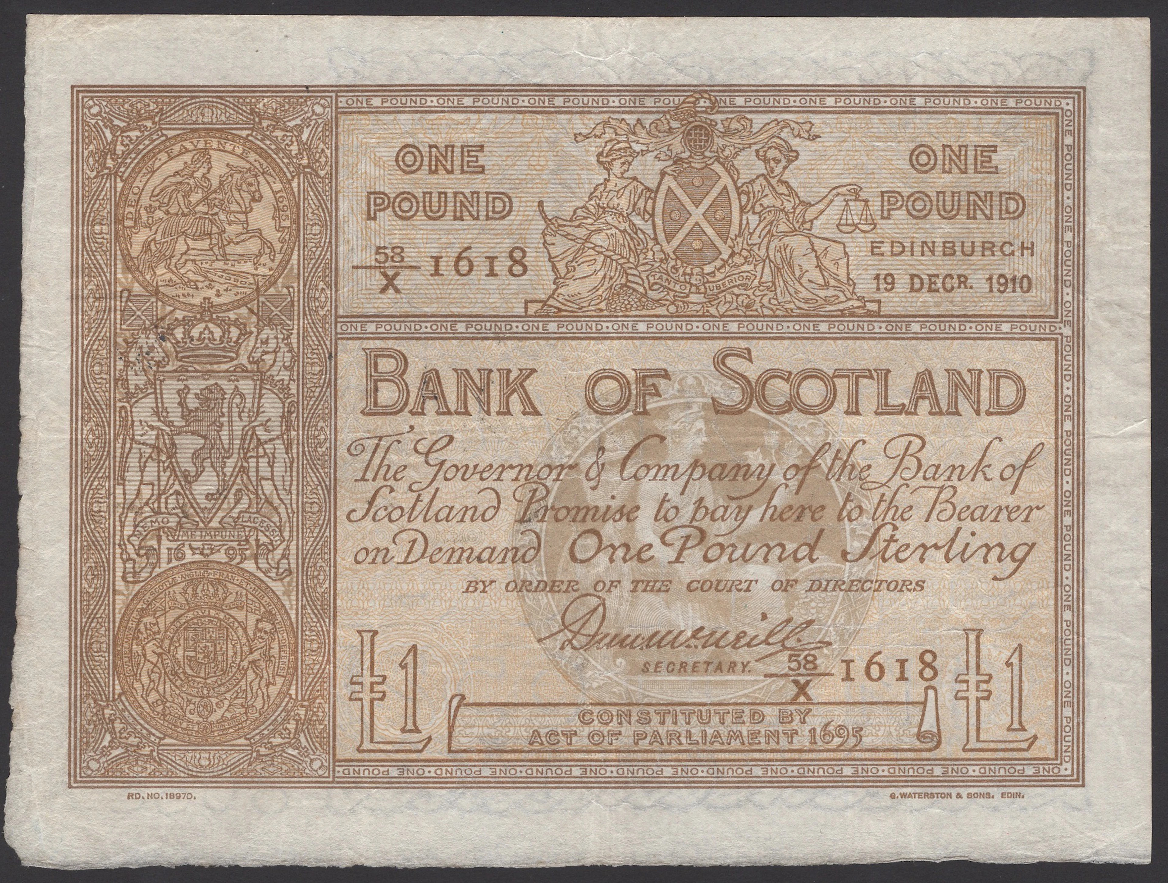 Bank of Scotland, £1, 19 December 1910, serial number 58/X 1618, McNeill