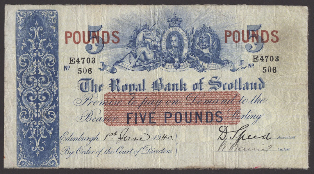 Royal Bank of Scotland, £5 (2), 1 June 1940, serial number E 4703/506
