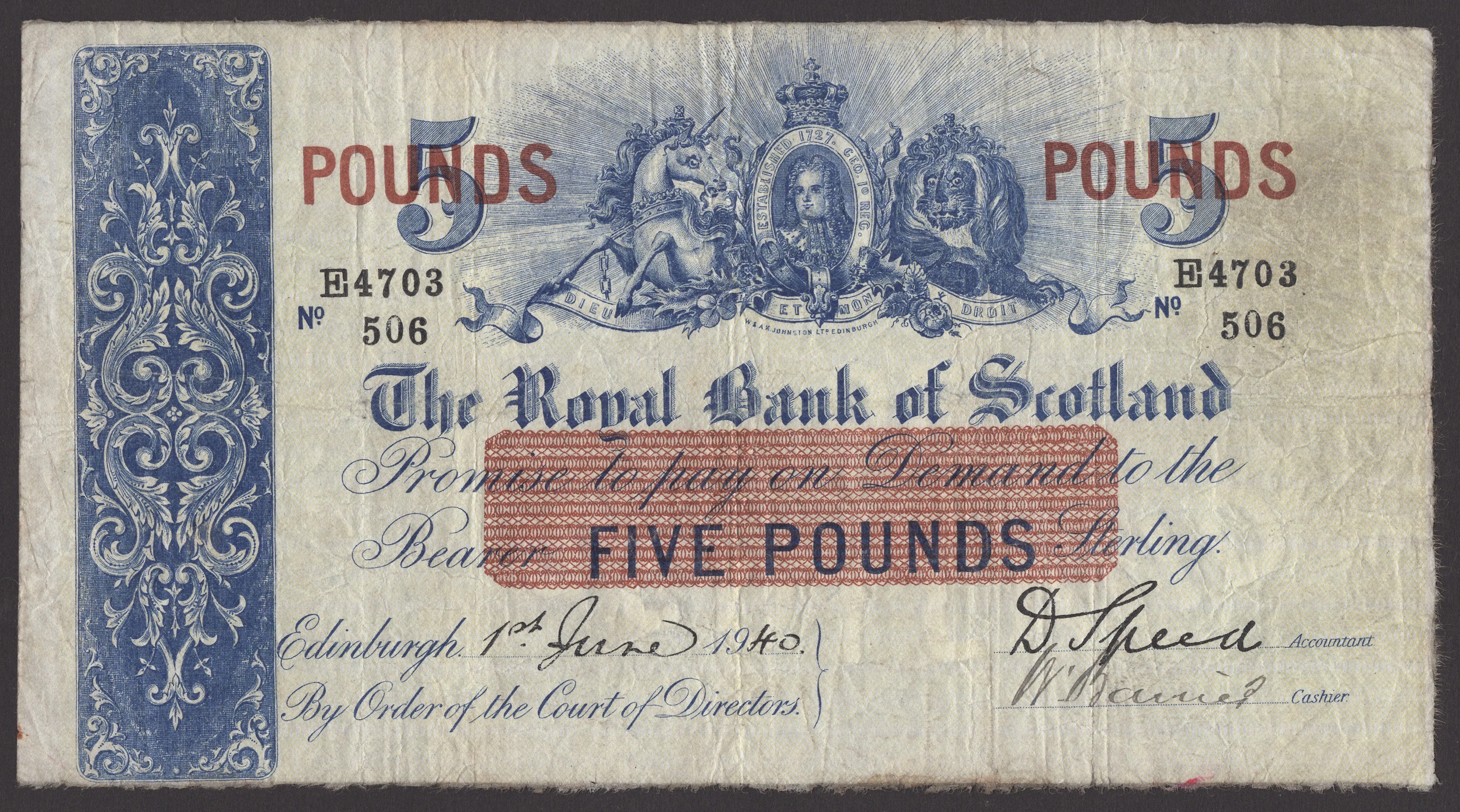 Royal Bank of Scotland, £5 (2), 1 June 1940, serial number E 4703/506