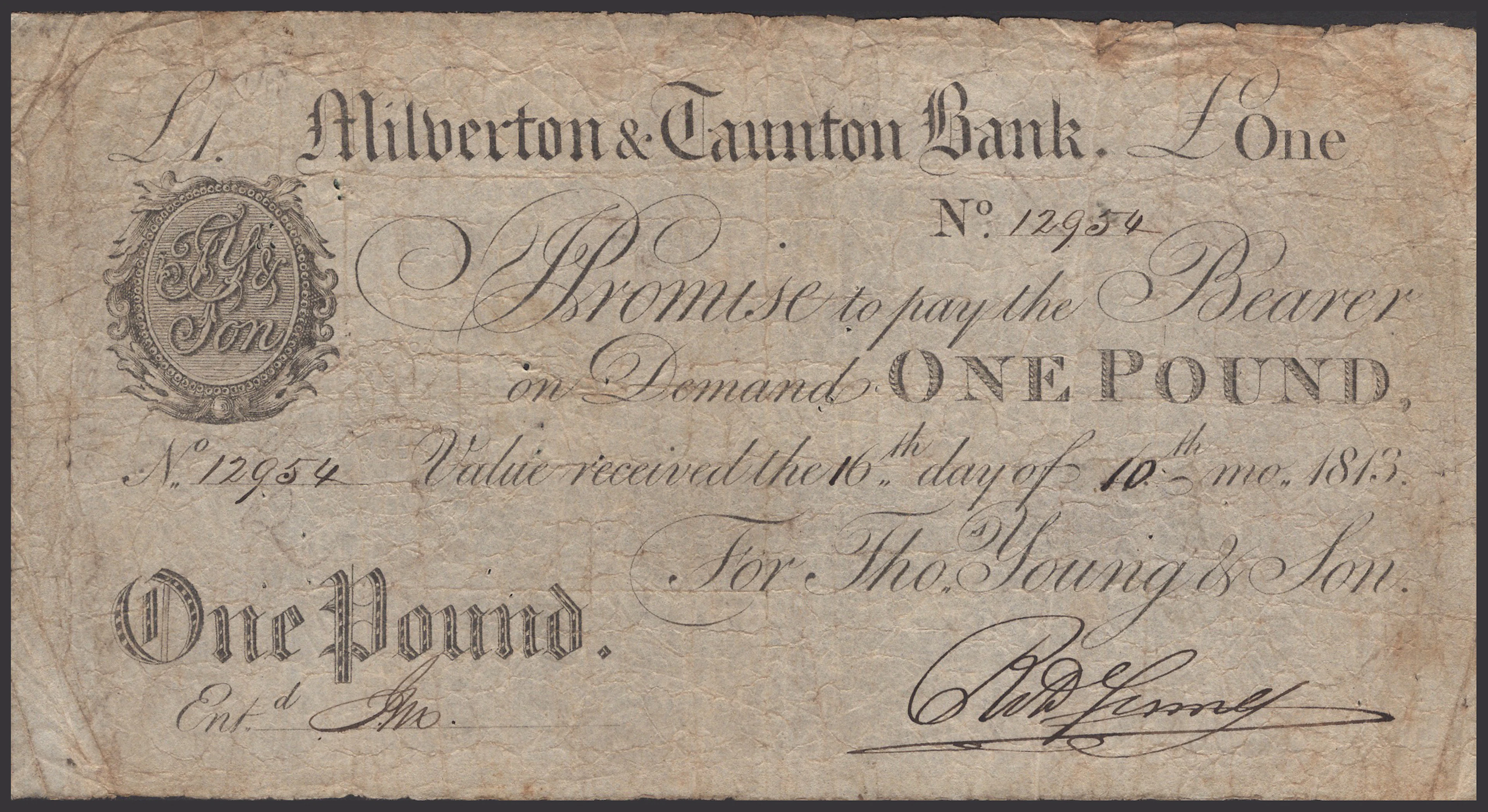 Milverton & Taunton Bank, for Thos Young & Son, £1, 16 October 1813