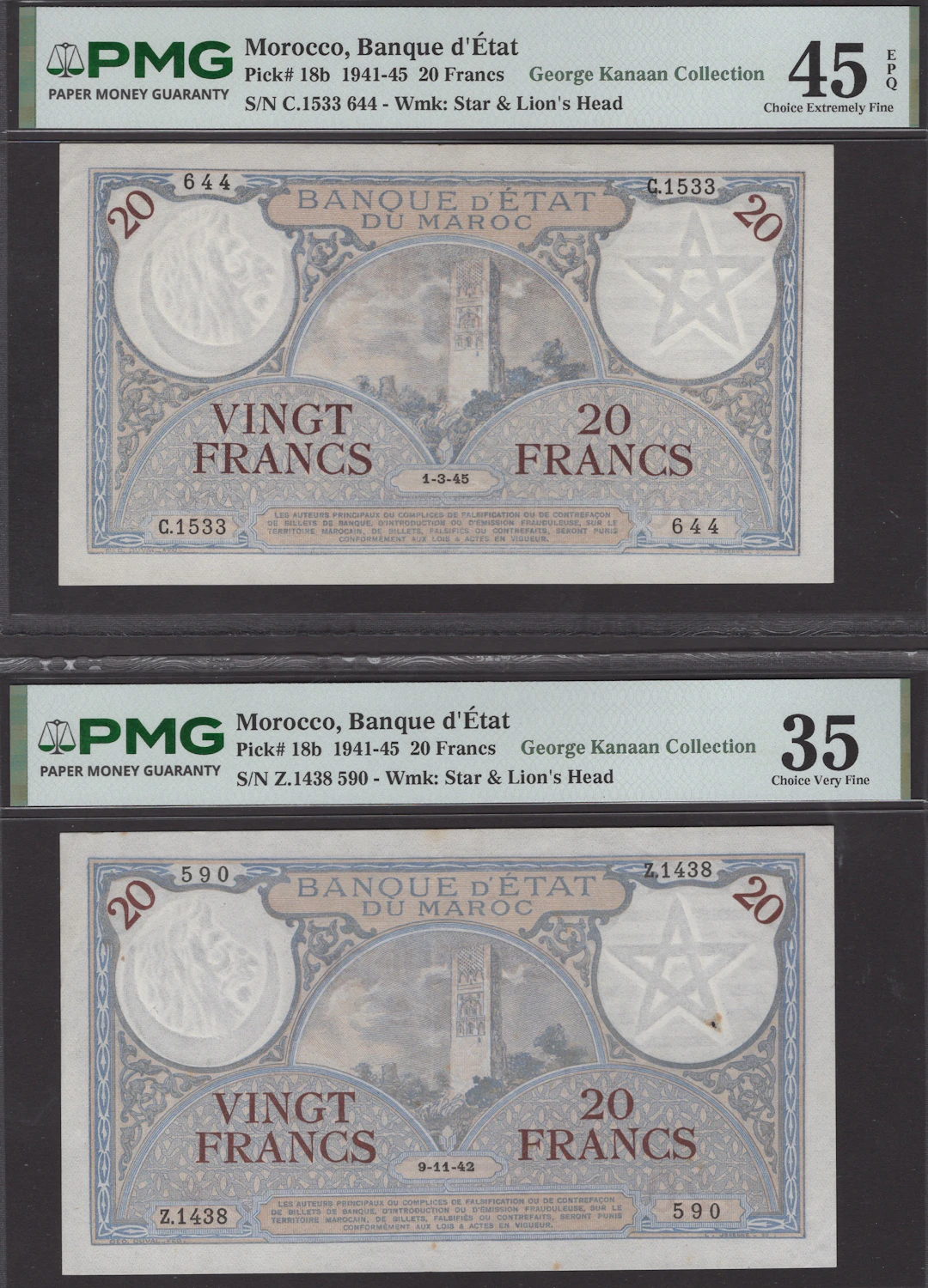 Banque d’Etat du Maroc, 20 Francs (2), first 9 September 1942, serial