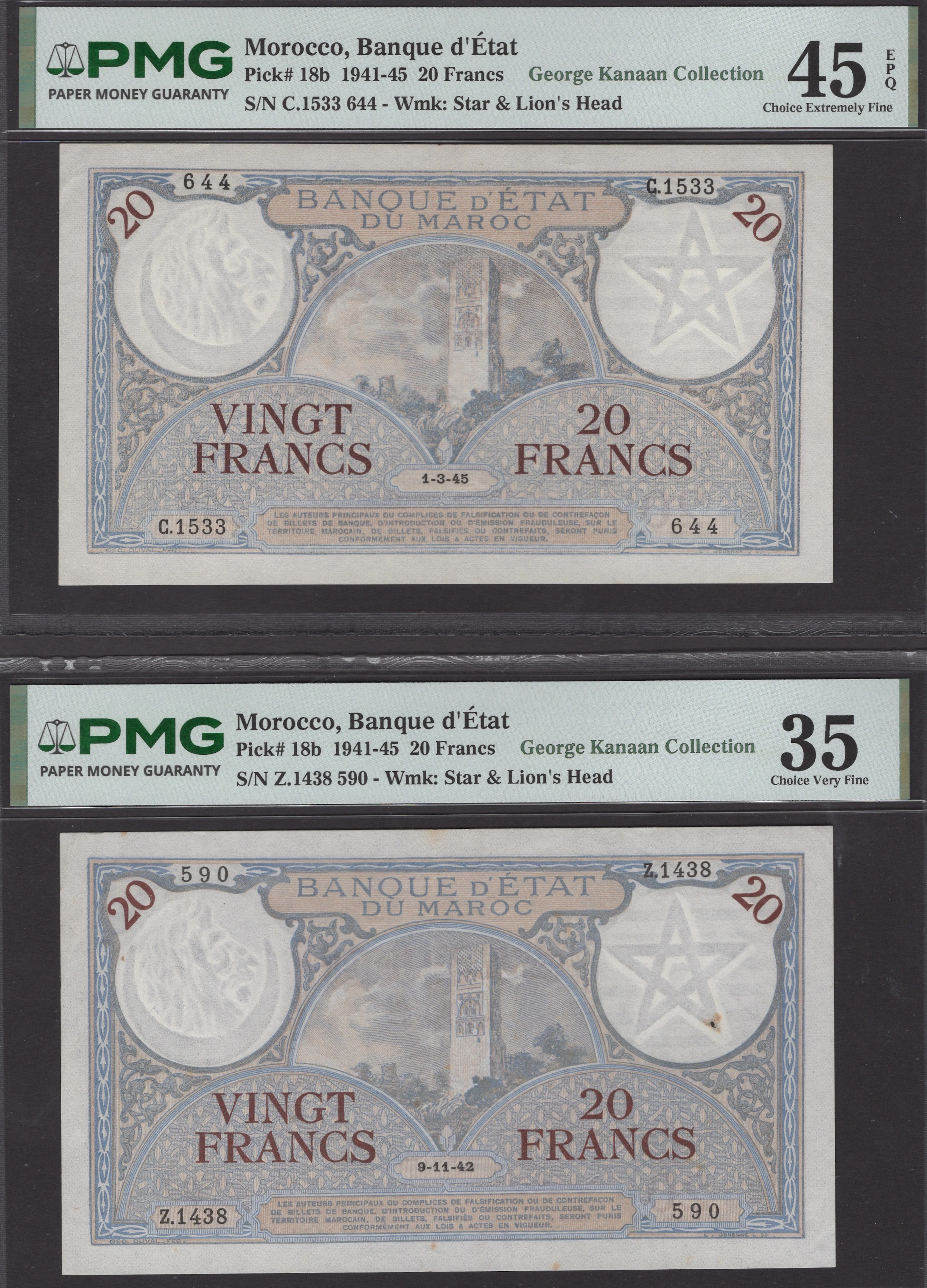 Banque d’Etat du Maroc, 20 Francs (2), first 9 September 1942, serial