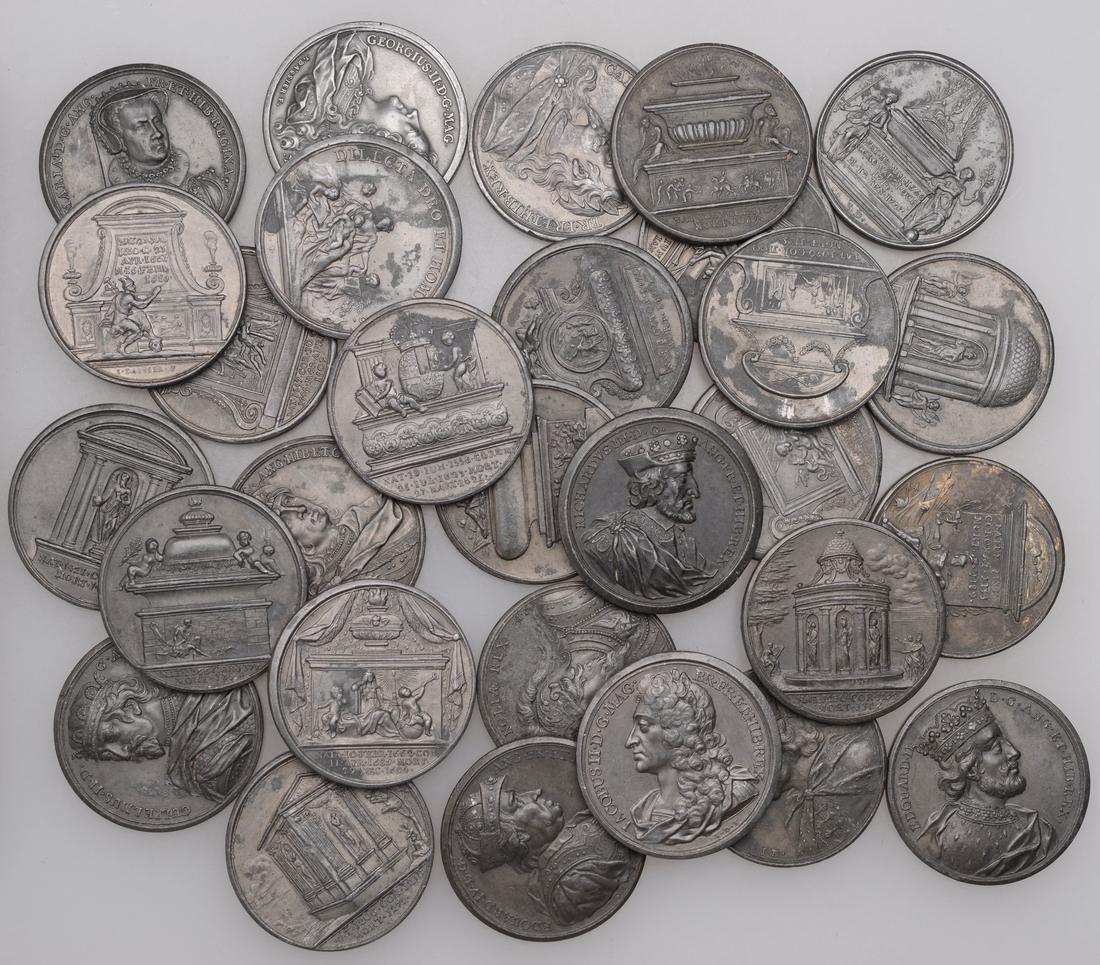 The Kings and Queens of England, 1830, a partial set of 29 lead medals