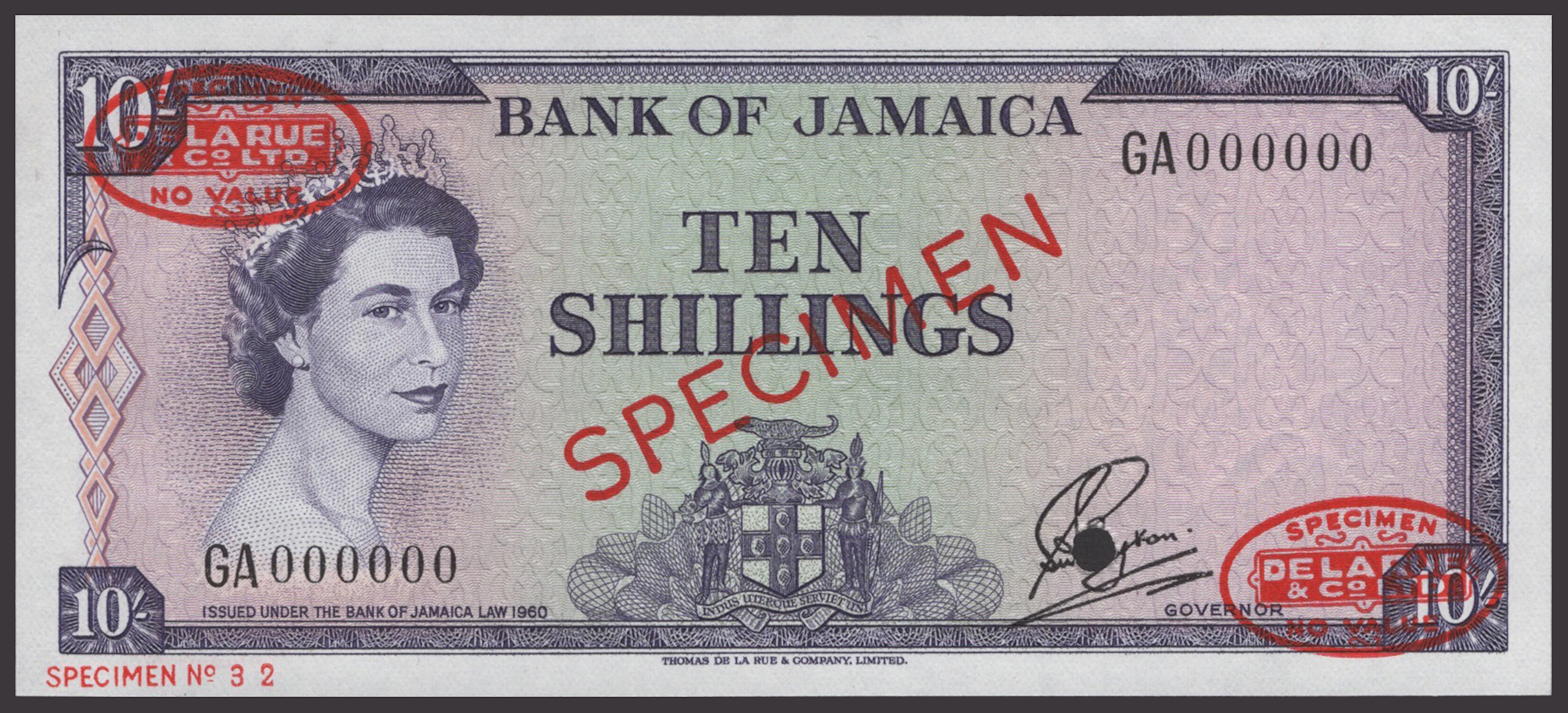 Bank of Jamaica, specimen 10 Shillings, 1960 (1962), serial number