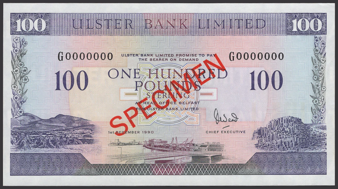 Ulster Bank Limited, specimen £100, 1 December 1990, serial number