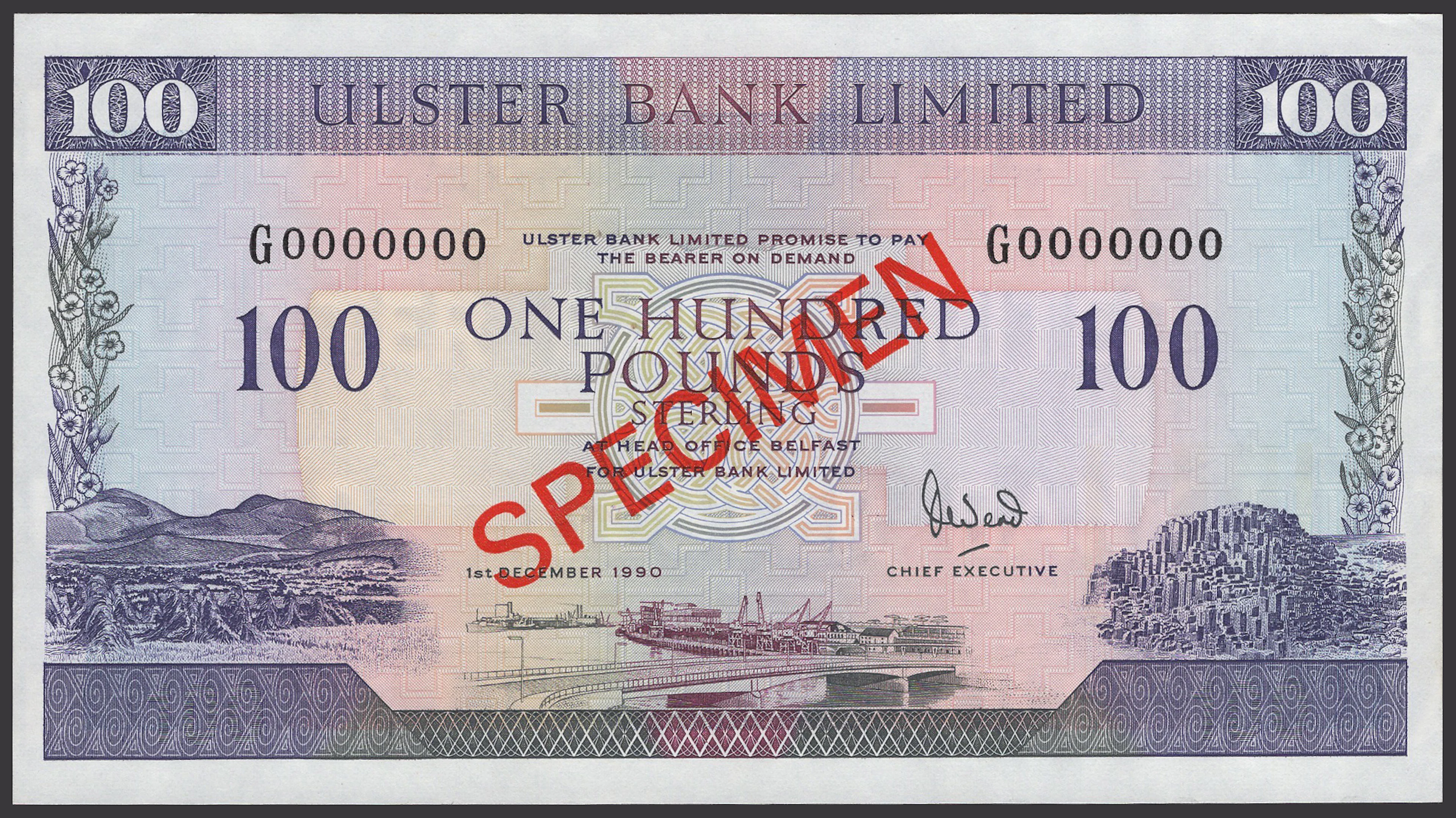 Ulster Bank Limited, specimen £100, 1 December 1990, serial number