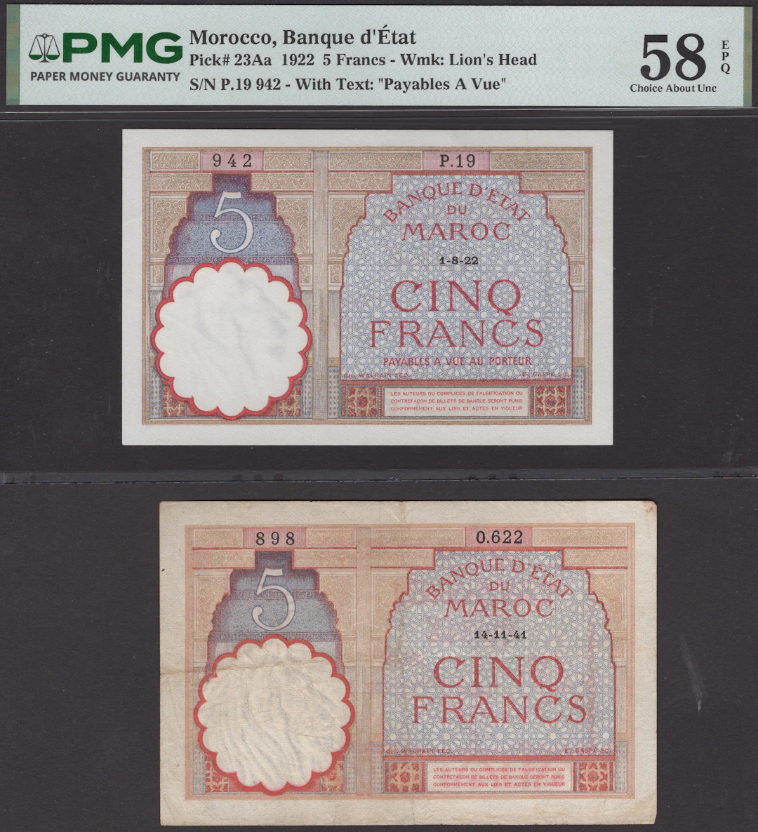 Banque d’Etat du Maroc, 5 Francs (2), first 1 August 1922 (1941)
