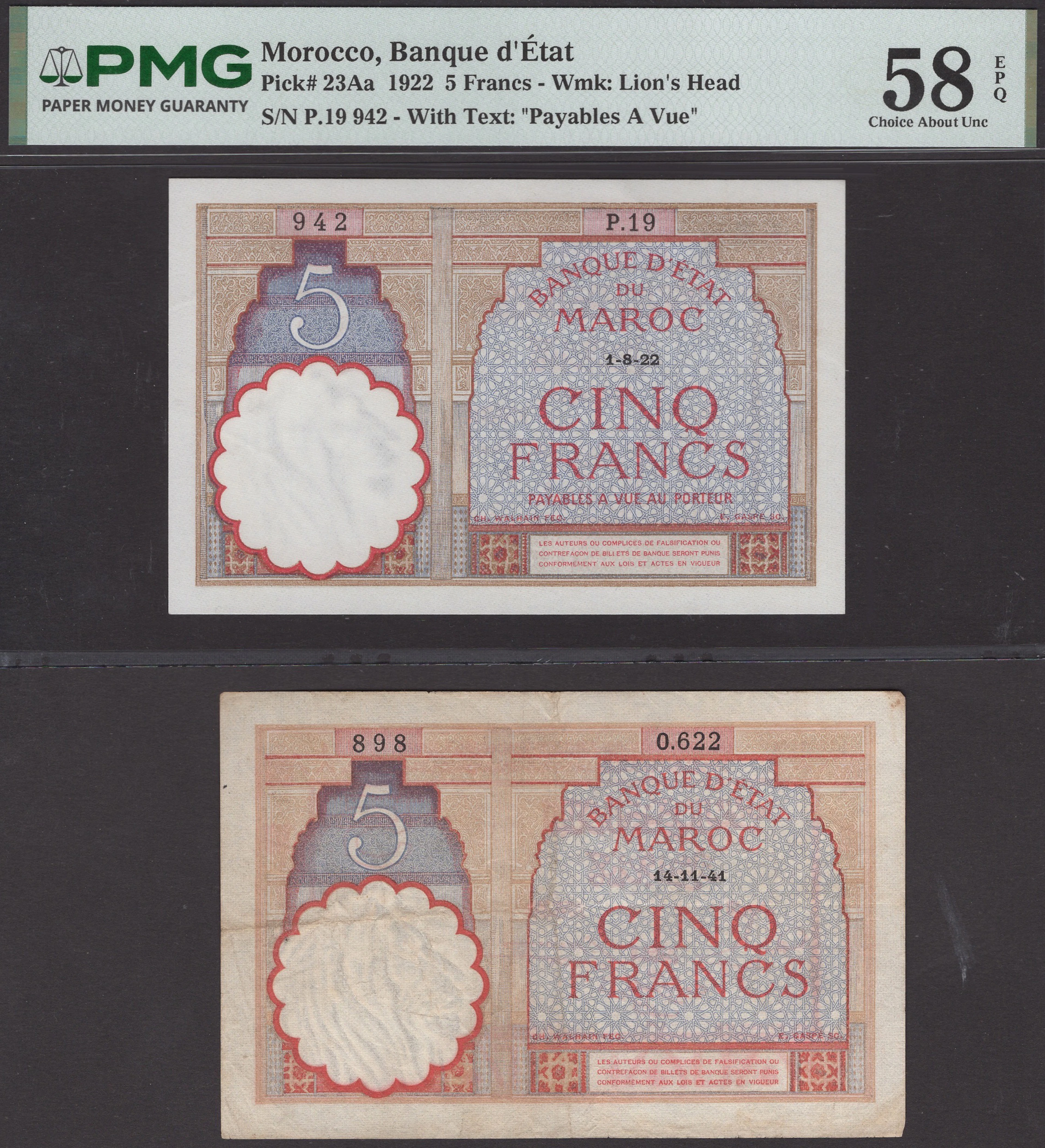Banque d’Etat du Maroc, 5 Francs (2), first 1 August 1922 (1941)