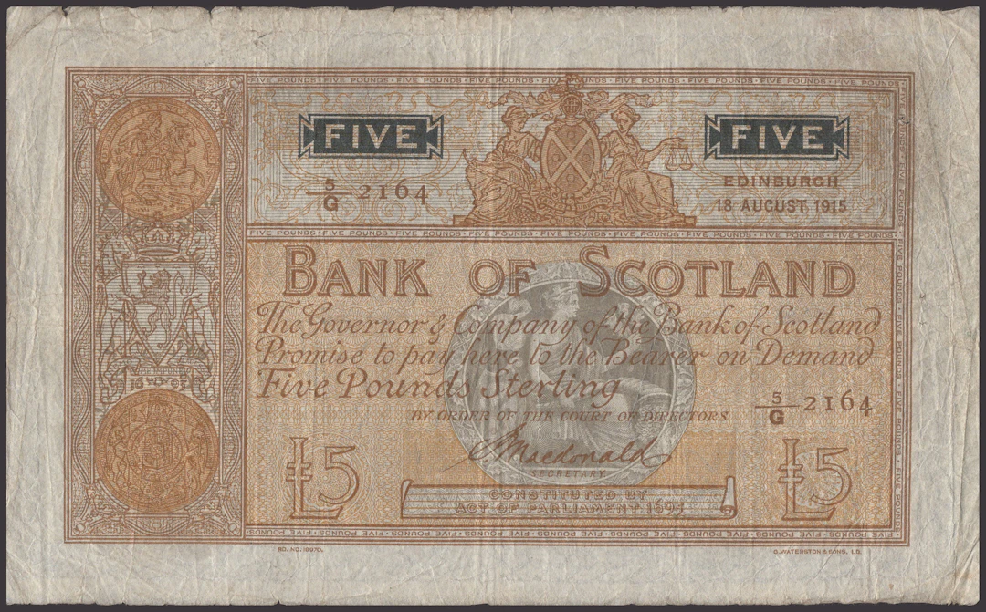 Bank of Scotland, £5, 18 August 1915, serial number 5/G 2164 Macdonald