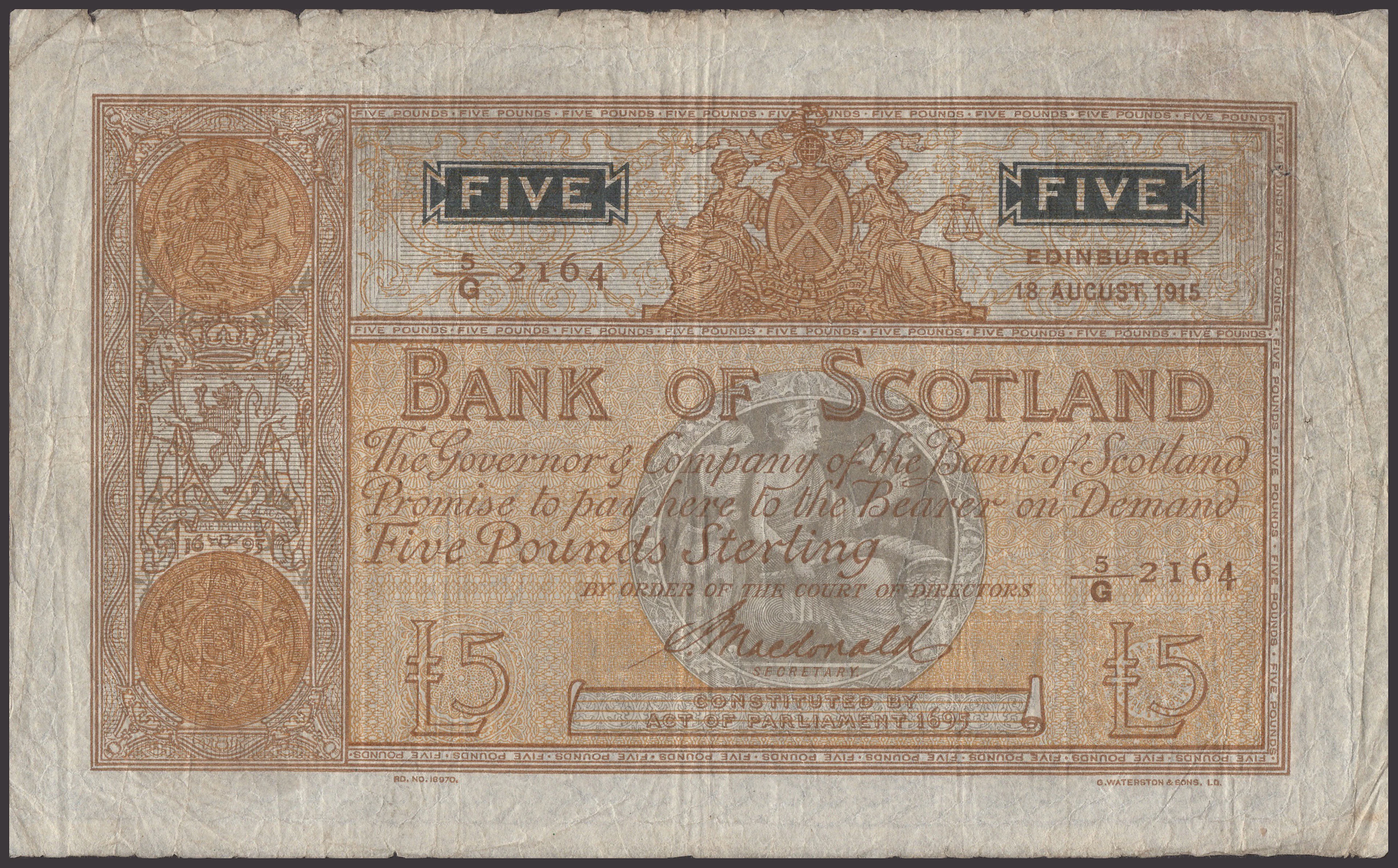 Bank of Scotland, £5, 18 August 1915, serial number 5/G 2164 Macdonald