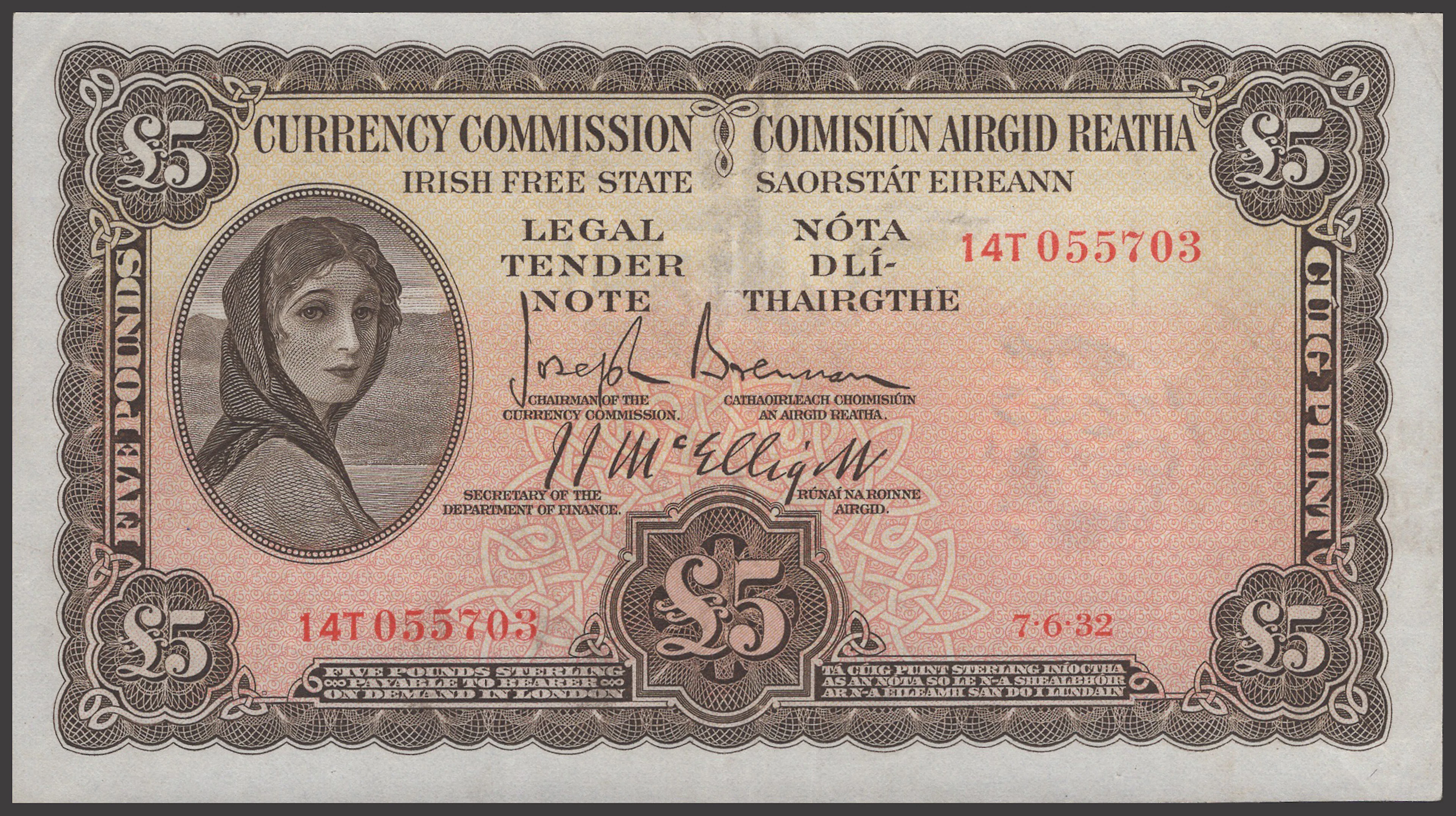 Currency Commission, Irish Free State, £5, 7 June 1932, serial number