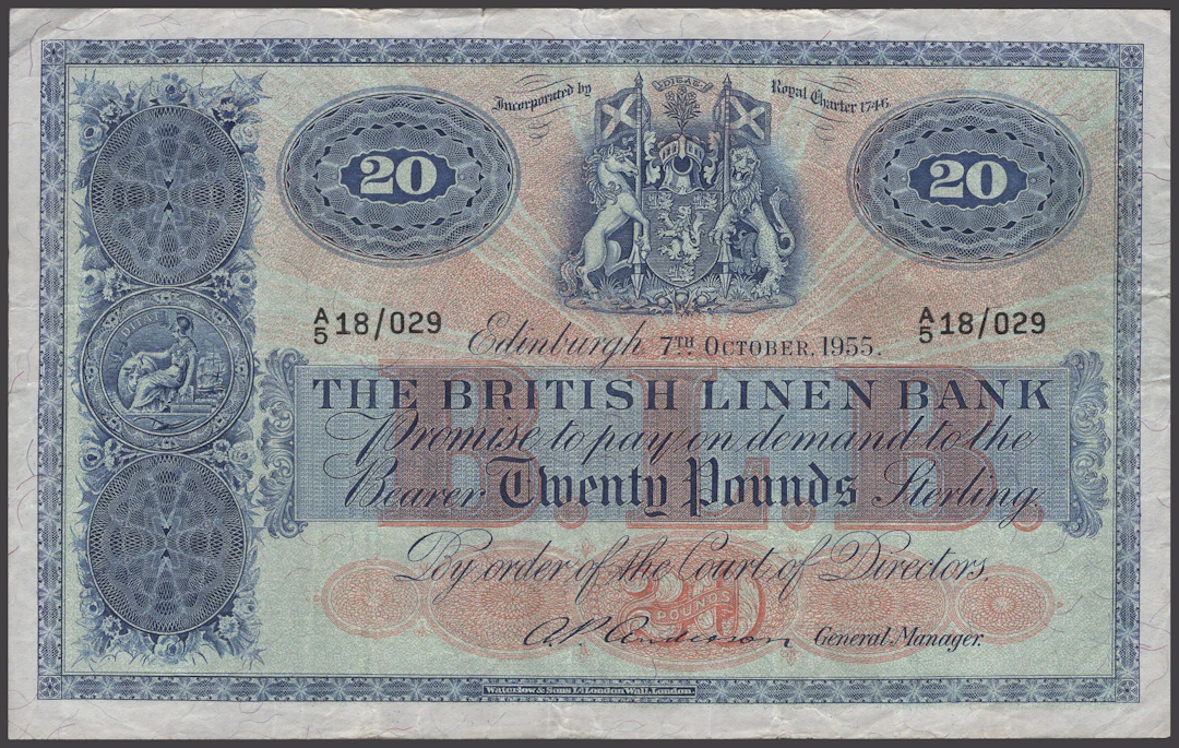 British Linen Bank, £20, 7 October 1955, serial number A/5 18/029