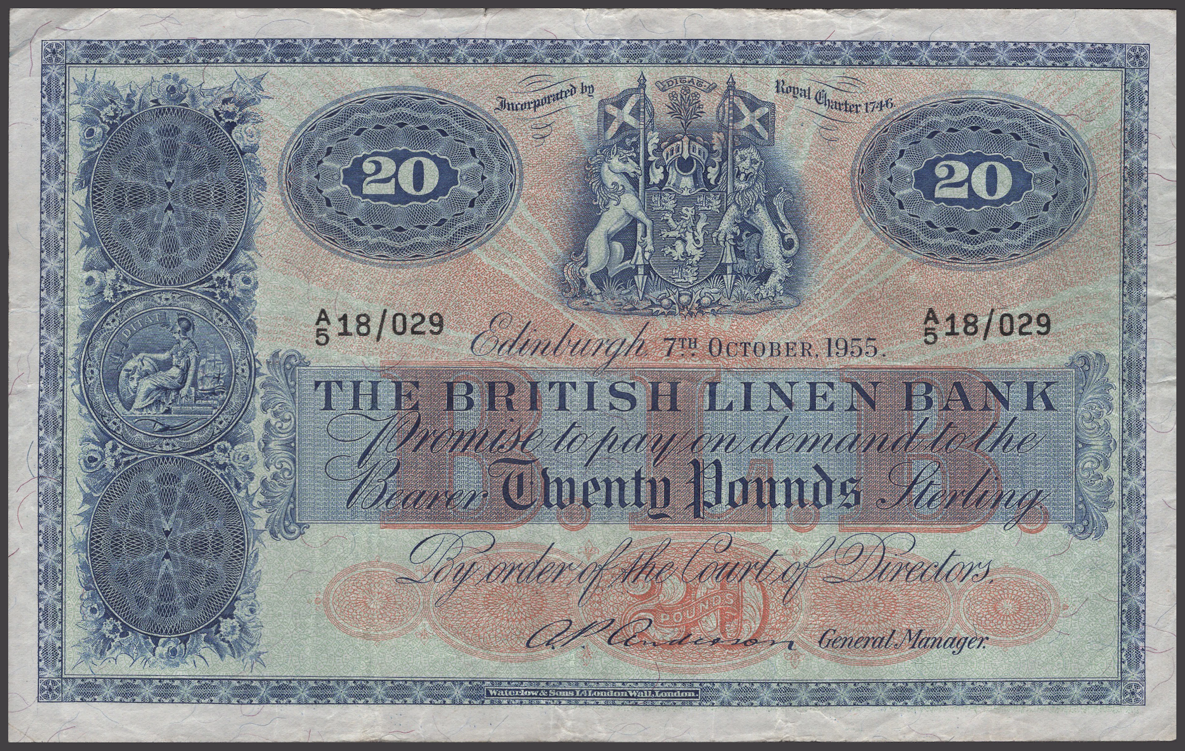British Linen Bank, £20, 7 October 1955, serial number A/5 18/029