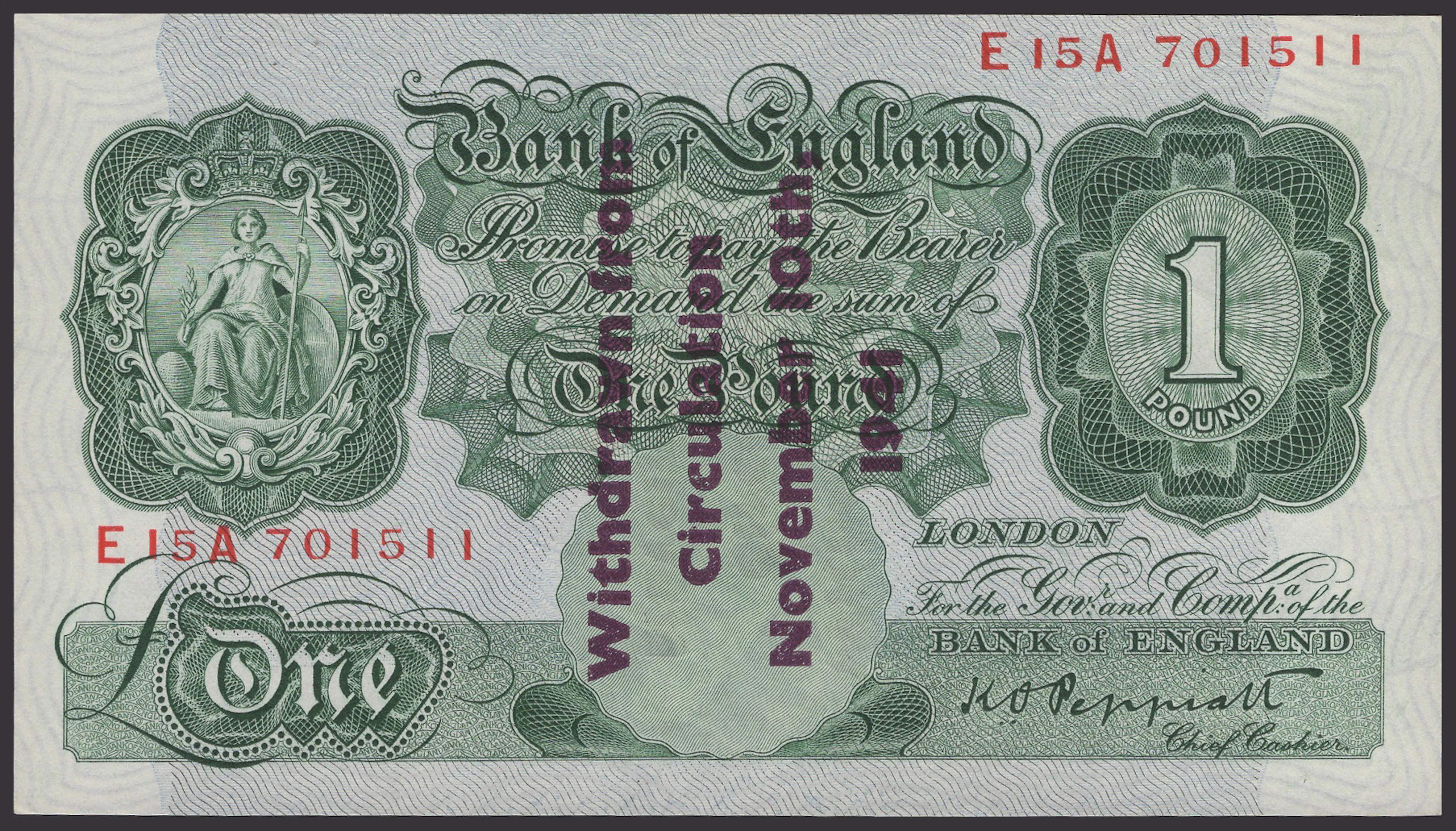 Bank of England, Kenneth O. Peppiatt, Guernsey Overprint, £1, 1941