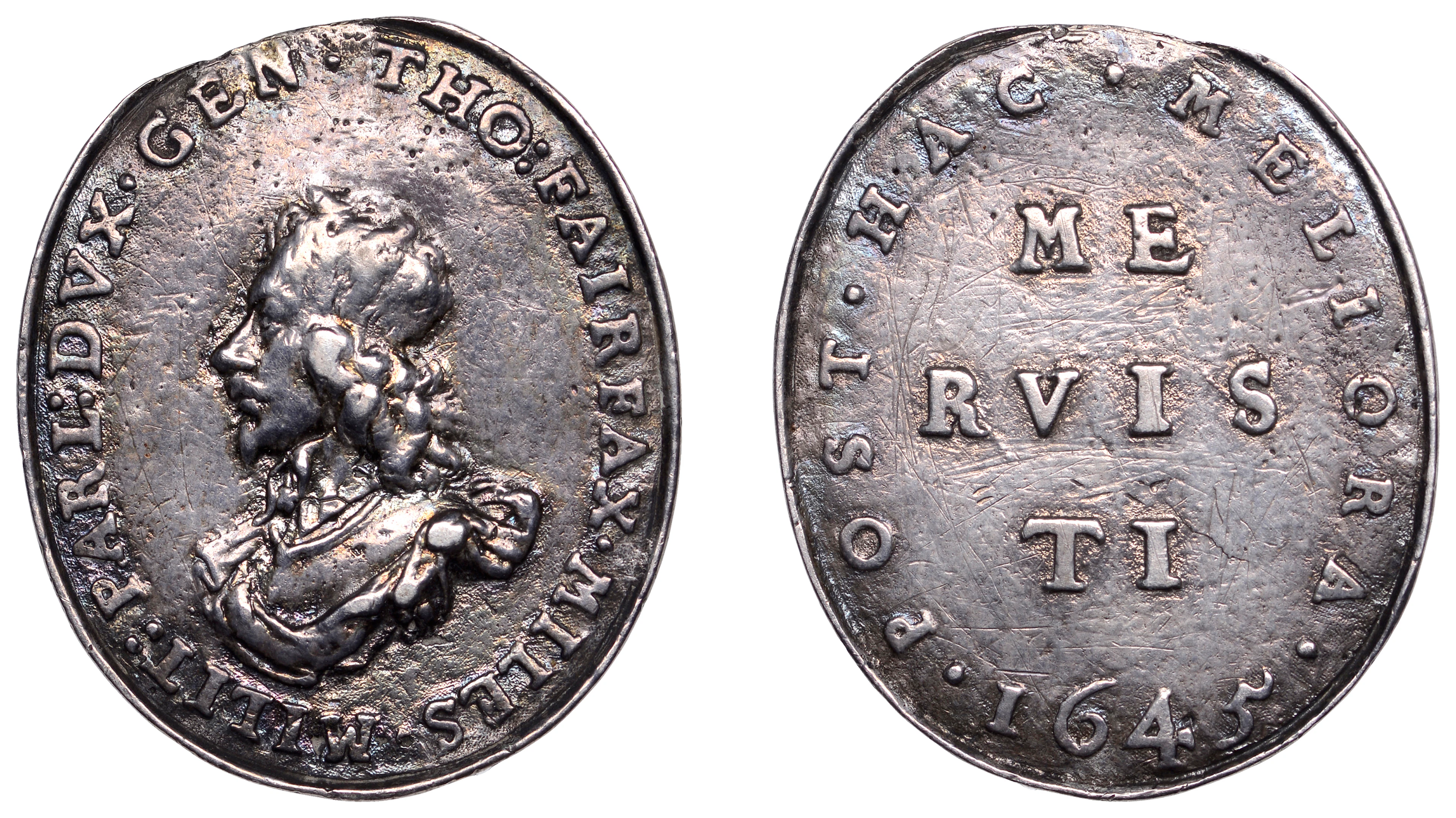 Sir Thomas Fairfax, 1645, a cast oval silver badge, unsigned [by T.