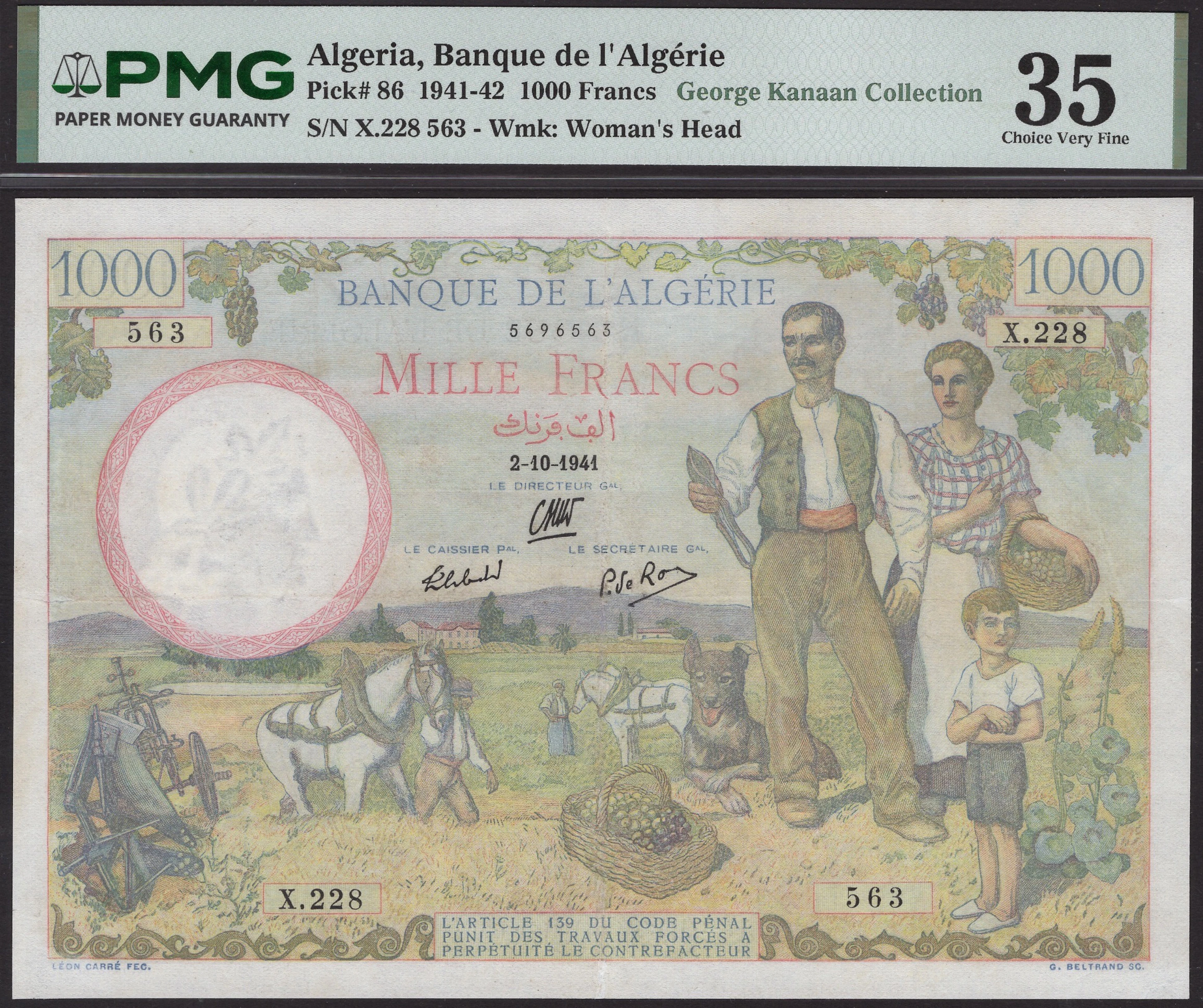 Banque de l’Algerie, 1000 Francs, 2 October 1941, serial number X.228