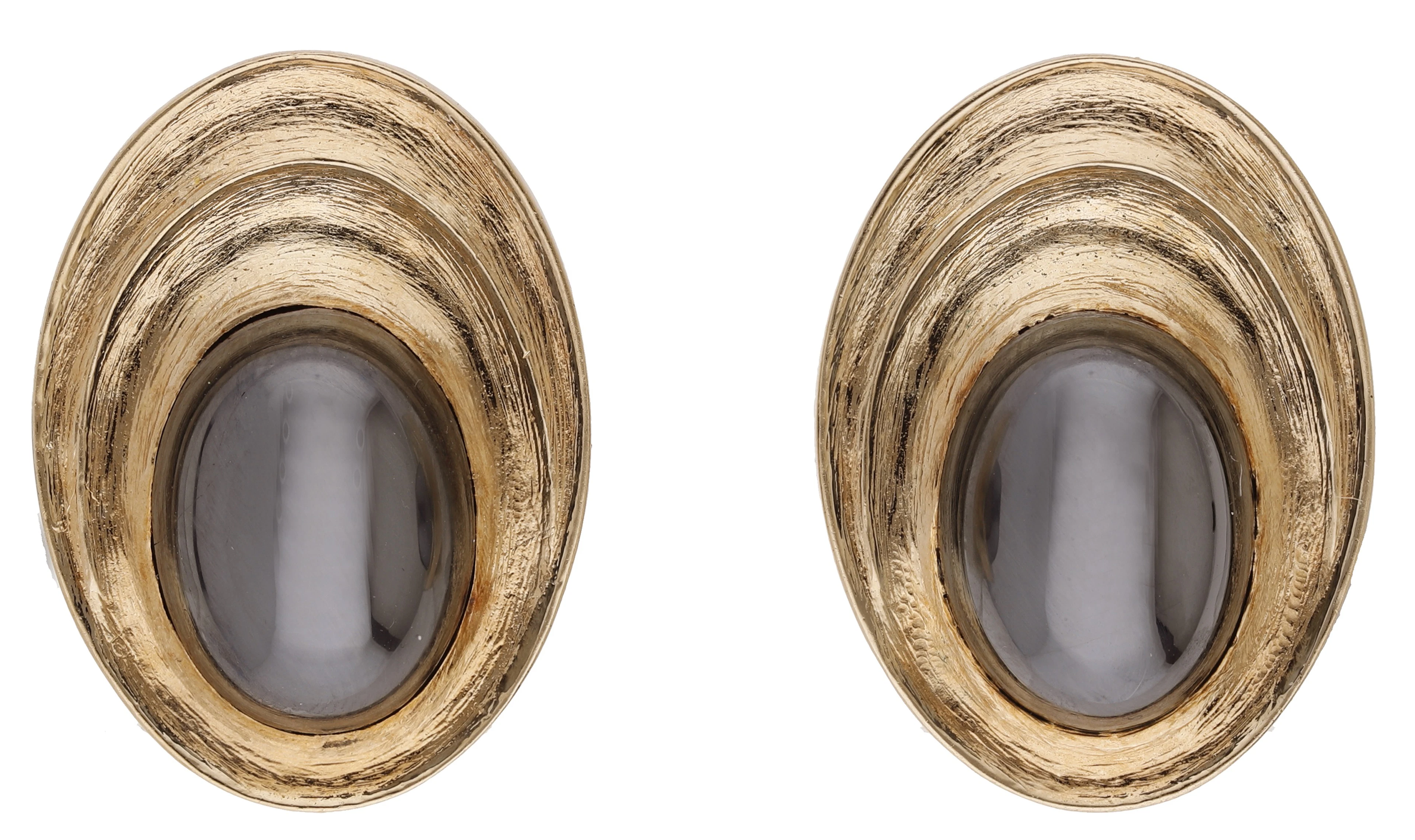 A pair of hematite ear clips, the hematite cabochons within a reeded