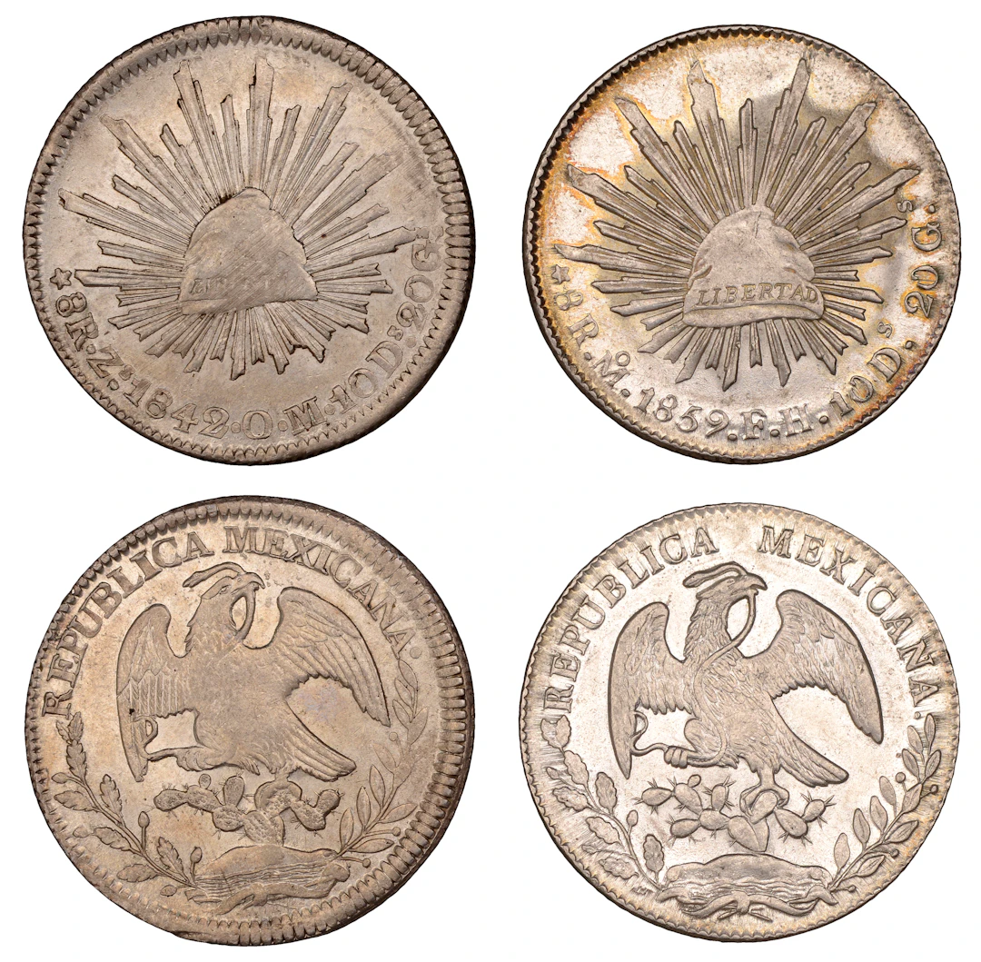 Mexico, Republic, 8 Reales (2), 1842zs om, 1859mo fh (KM 377) [2].