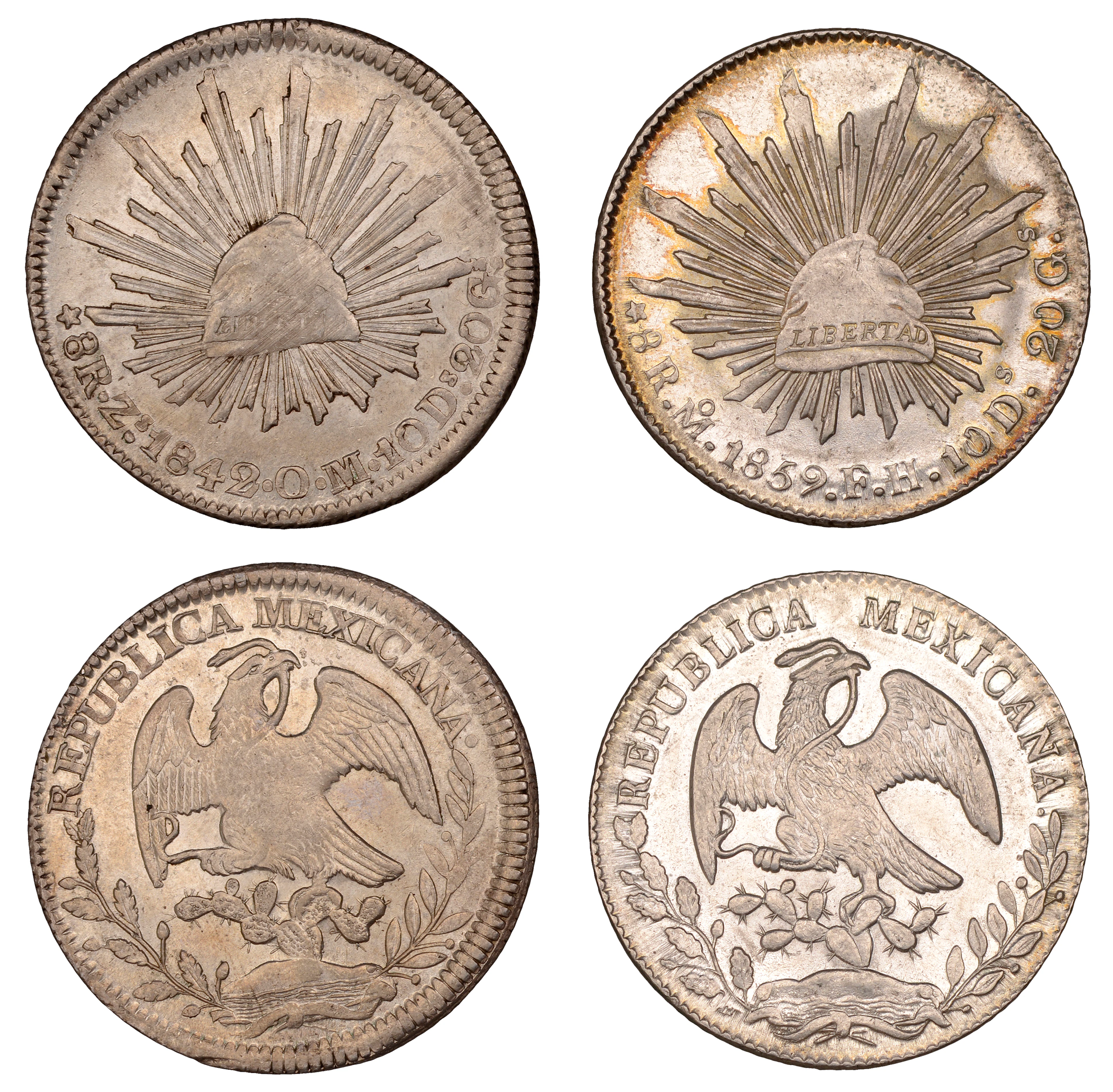 Mexico, Republic, 8 Reales (2), 1842zs om, 1859mo fh (KM 377) [2].