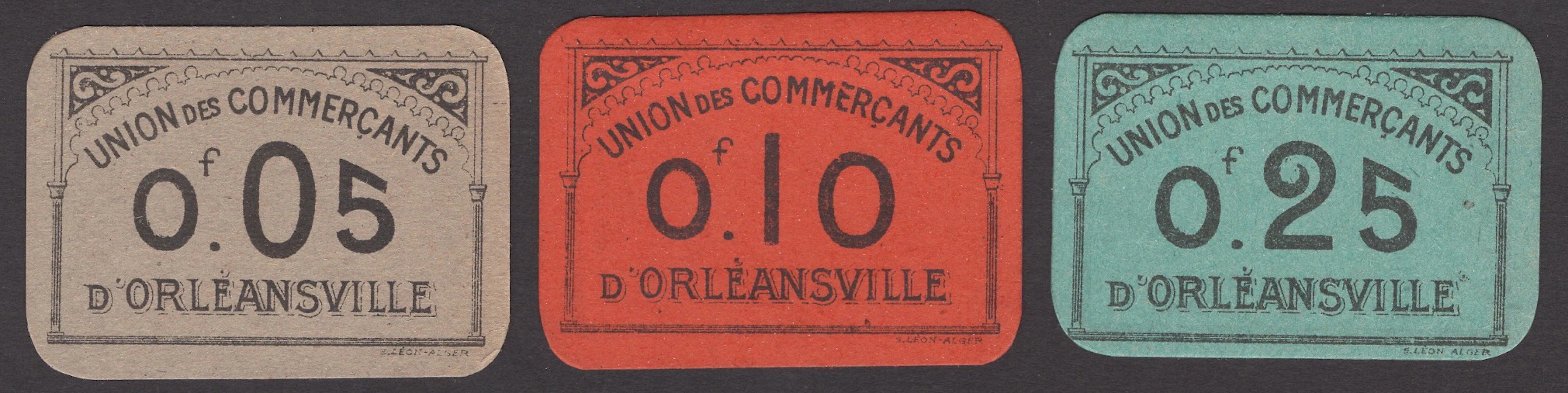 Union des Commercants d’Orleansville, 5, 10, and 25 Centimes, ND (1916)