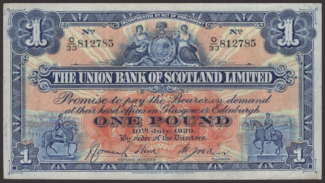 Union Bank of Scotland, £1 (8), 10 July 1939, prefix O/33, 14 January