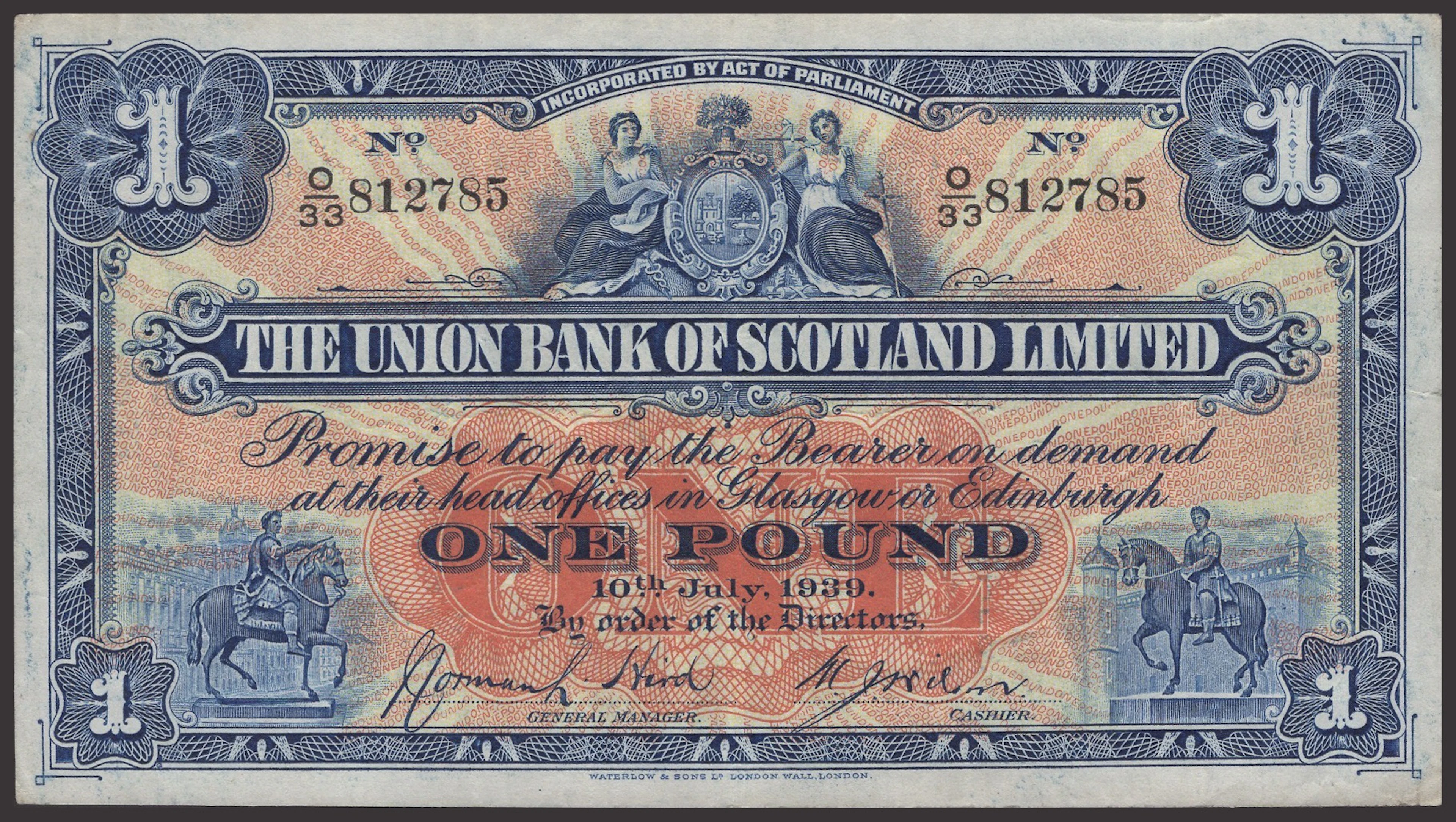 Union Bank of Scotland, £1 (8), 10 July 1939, prefix O/33, 14 January